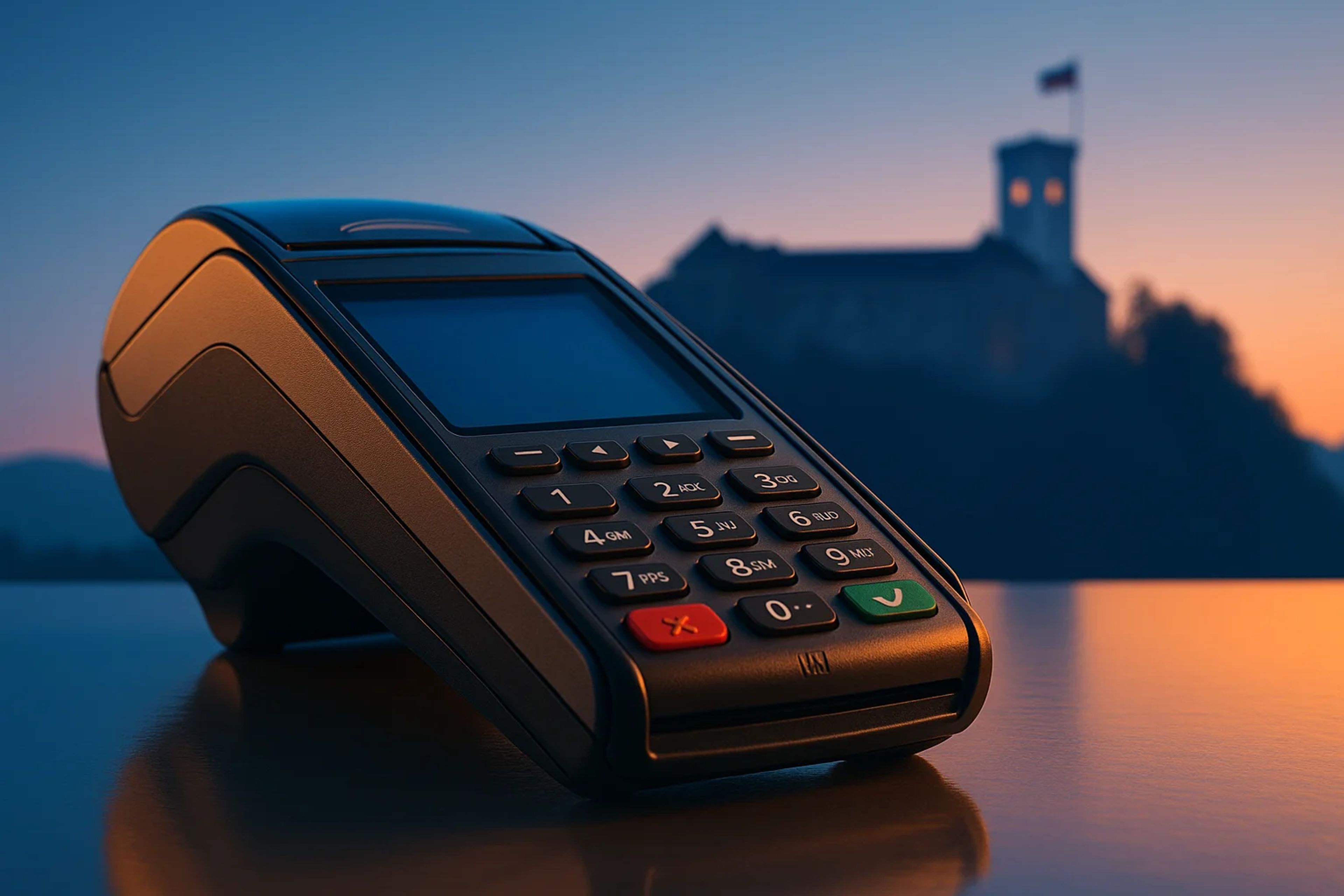Close-up of a payment terminal with a castle in