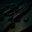 Two rifles with scopes and a remote on a dark