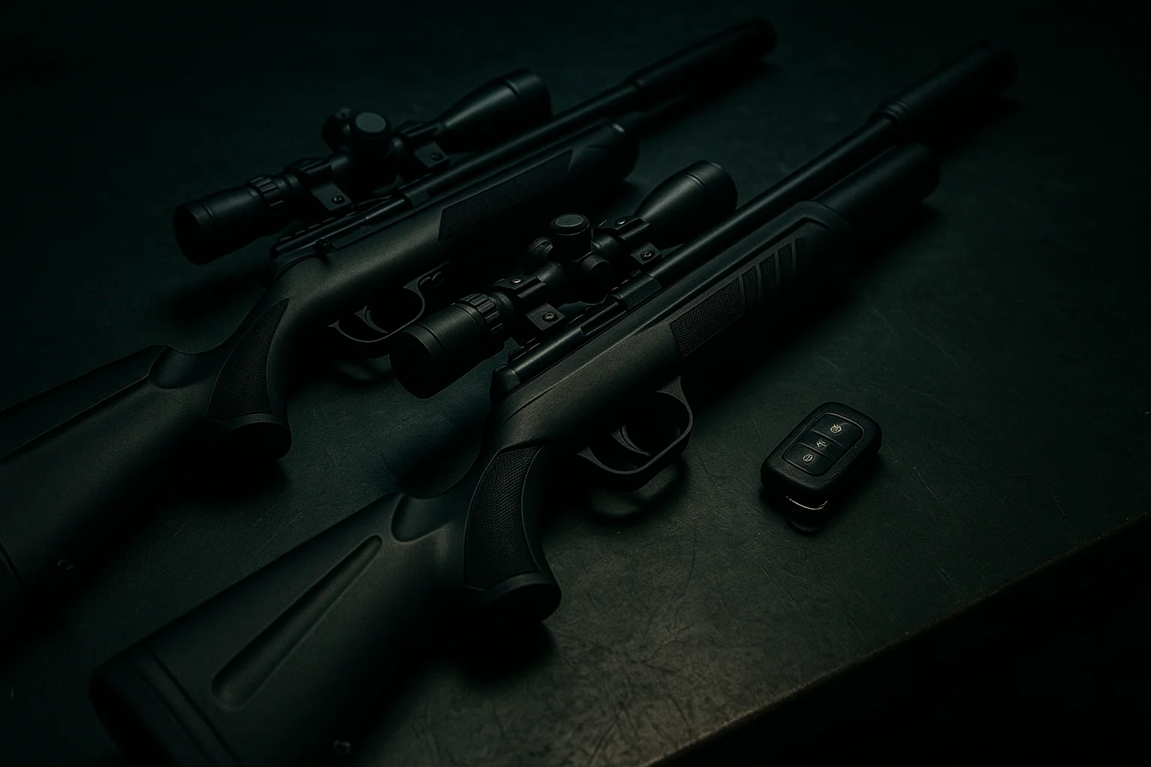 Two rifles with scopes and a remote on a dark