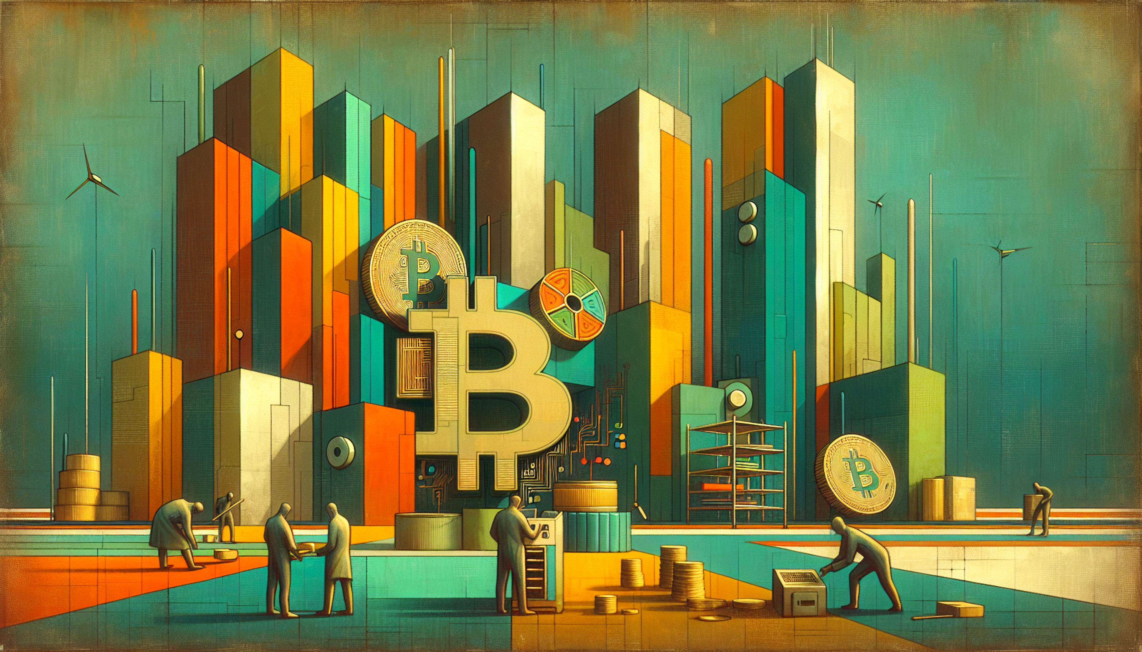 Colorful abstract cityscape with Bitcoin symbols