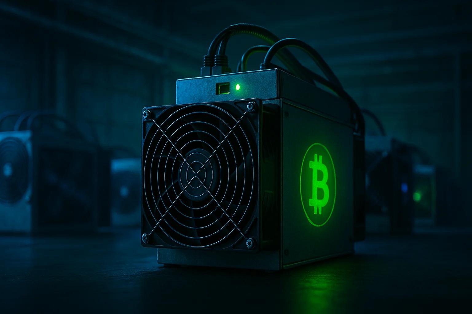 Close-up of a Bitcoin mining machine with green