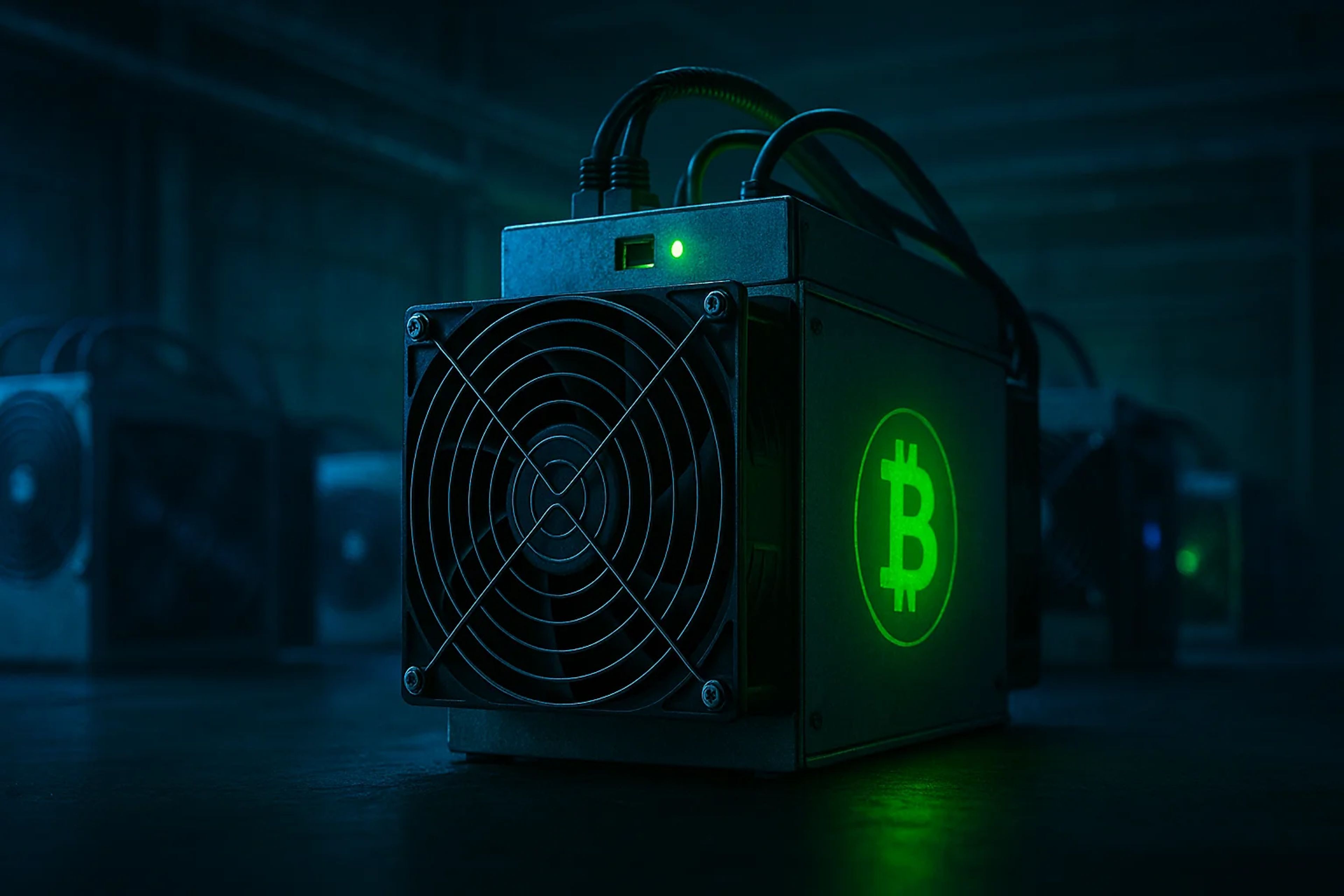 Close-up of a Bitcoin mining machine with green