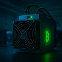 Close-up of a Bitcoin mining machine with green
