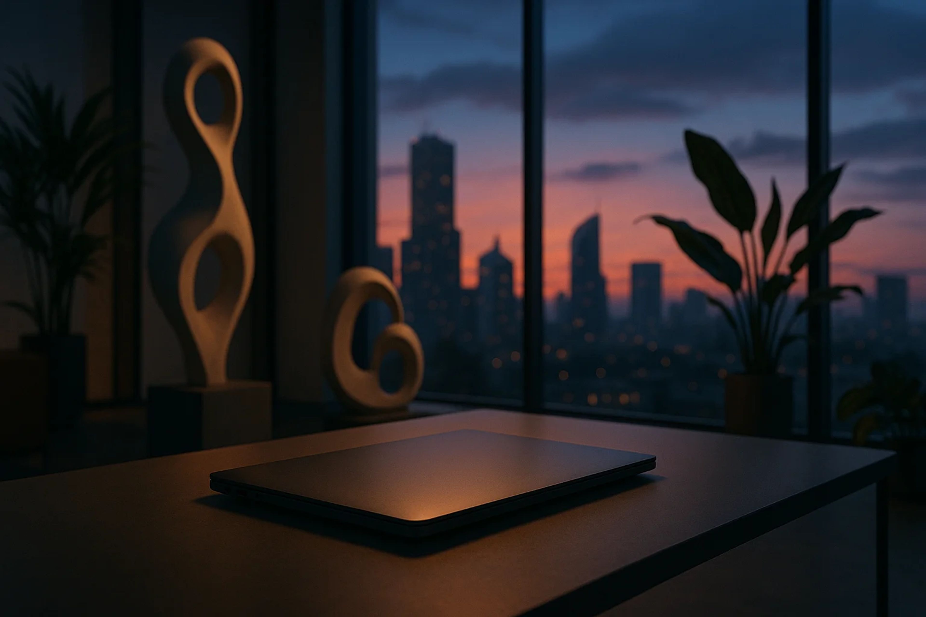 A laptop on a table with a city skyline at sunset