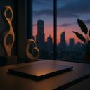 A laptop on a table with a city skyline at sunset