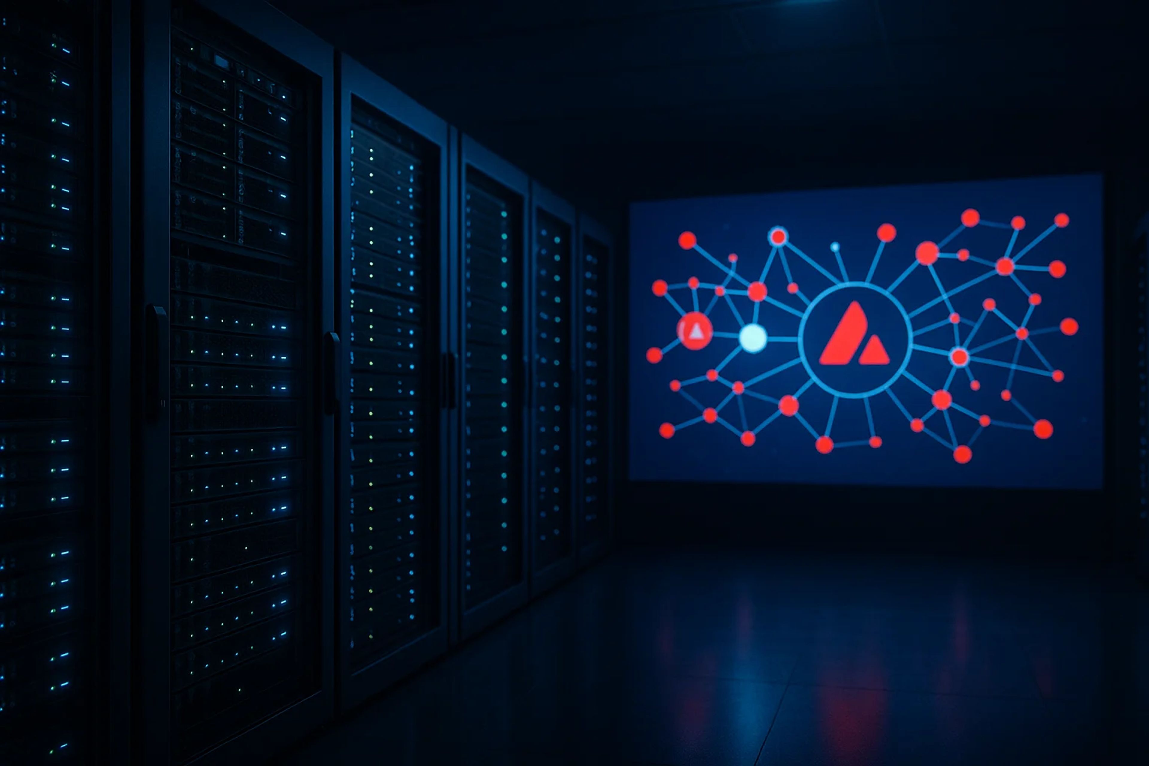 Dimly lit server room with illuminated racks and