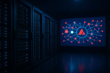 Dimly lit server room with illuminated racks and