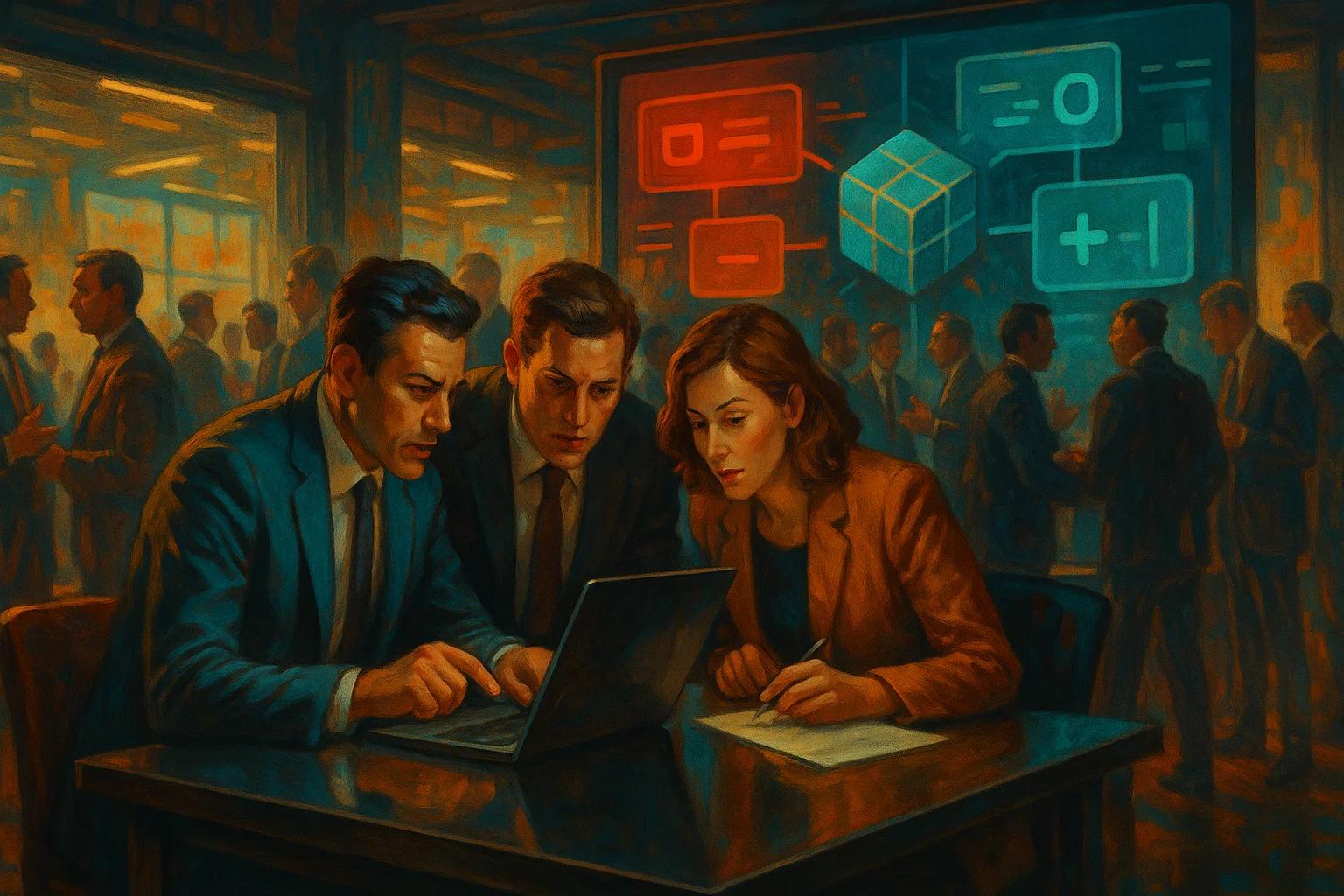 Three professionals focused on a laptop in a busy
