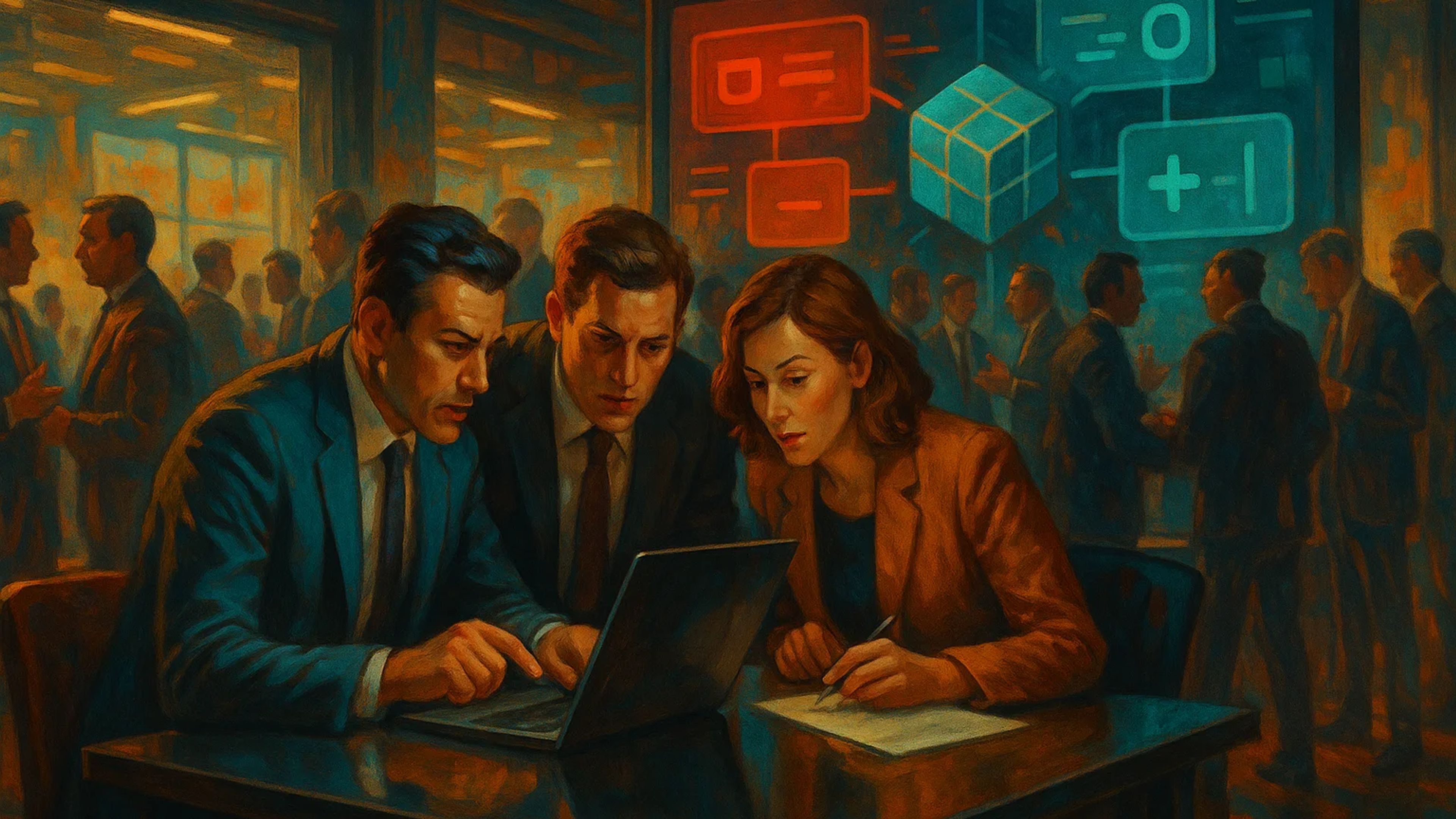 Three professionals focused on a laptop in a busy