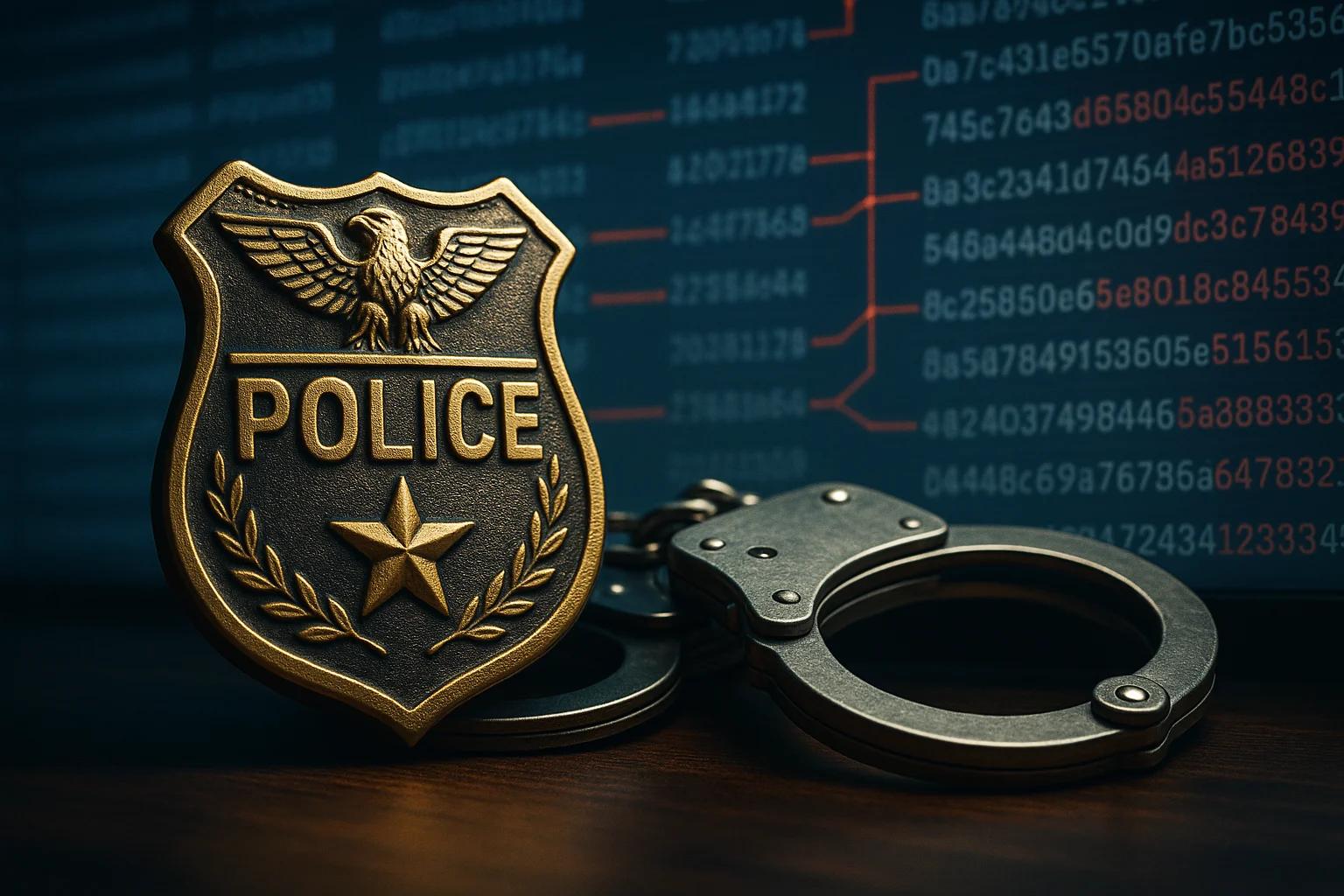 Bronze police badge next to handcuffs on a table