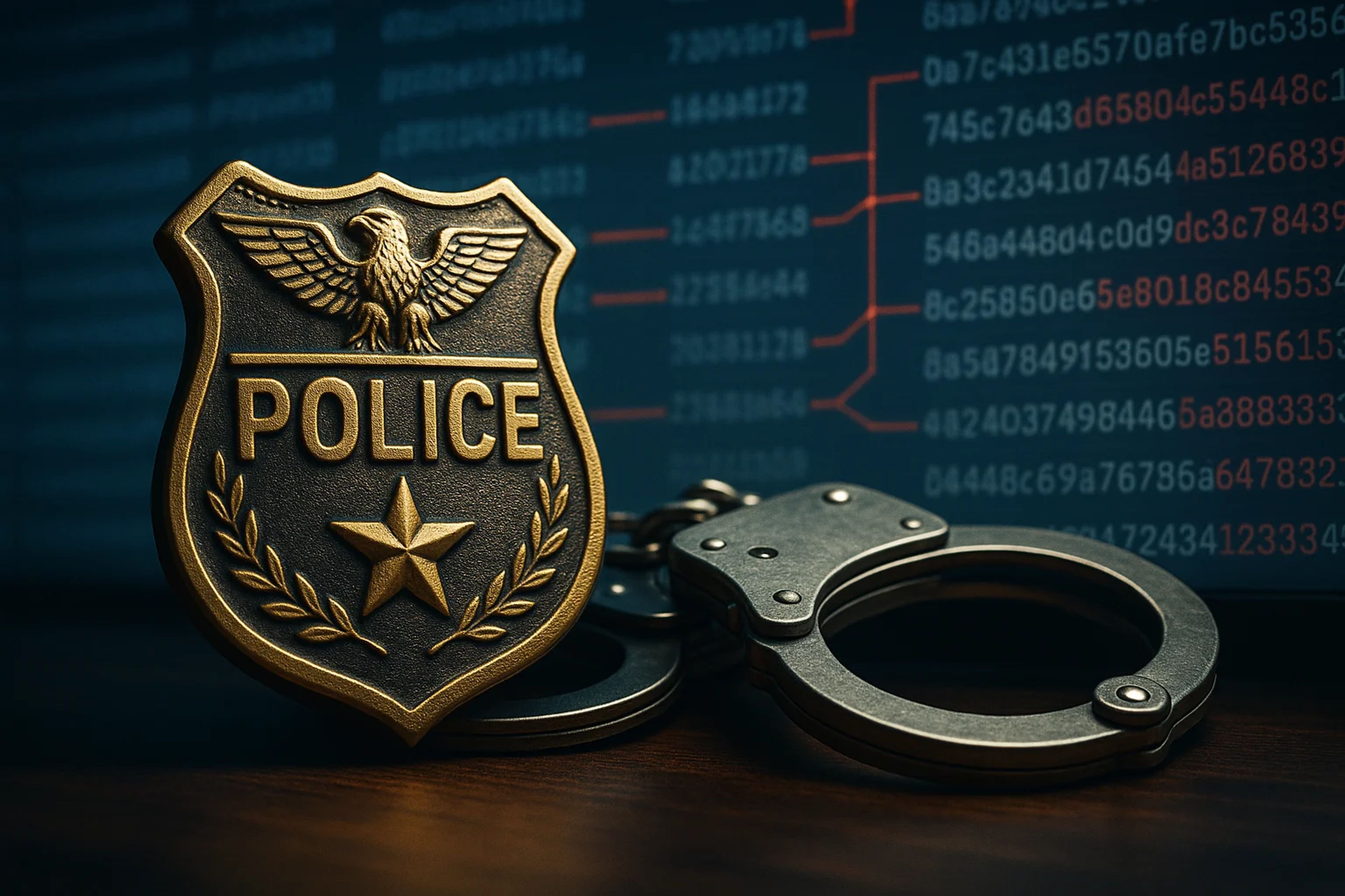 Bronze police badge next to handcuffs on a table