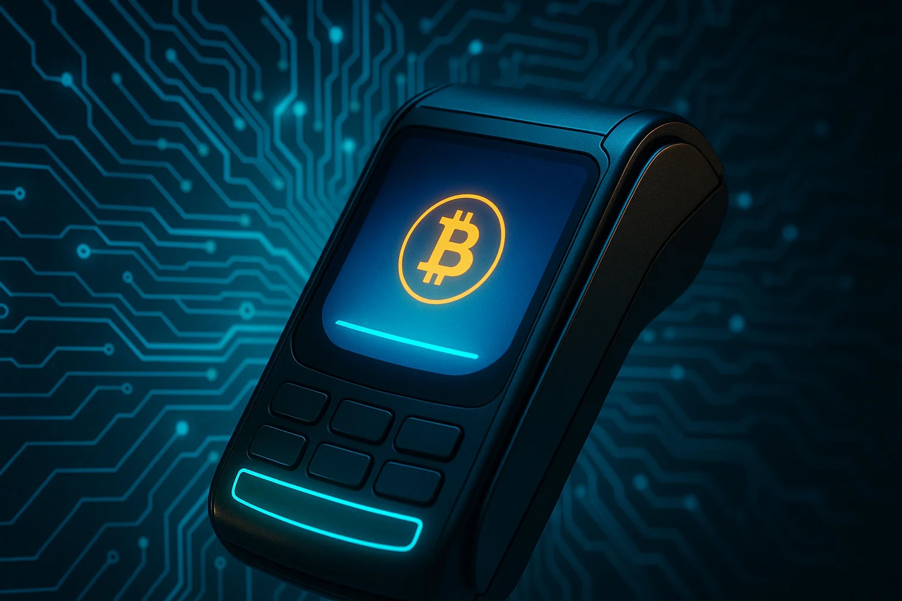 A digital payment terminal with a Bitcoin symbol