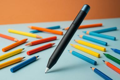 A stylus pen stands upright on a light blue