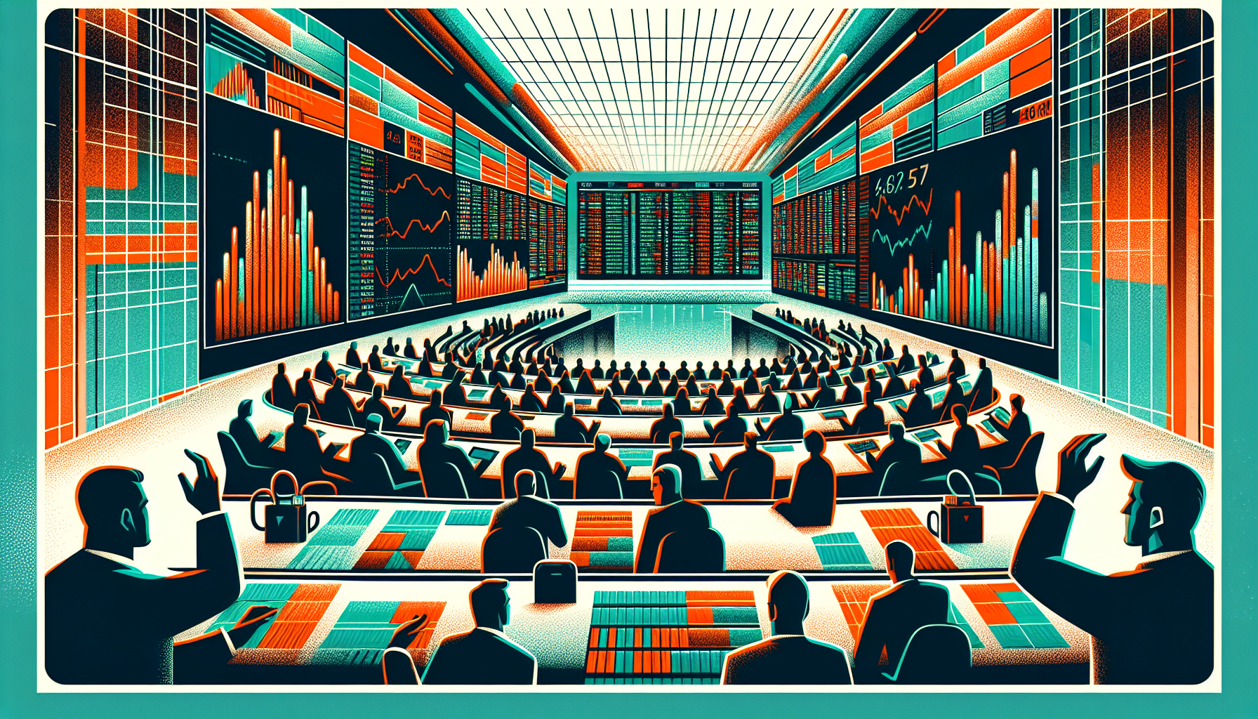 A futuristic trading room with large screens