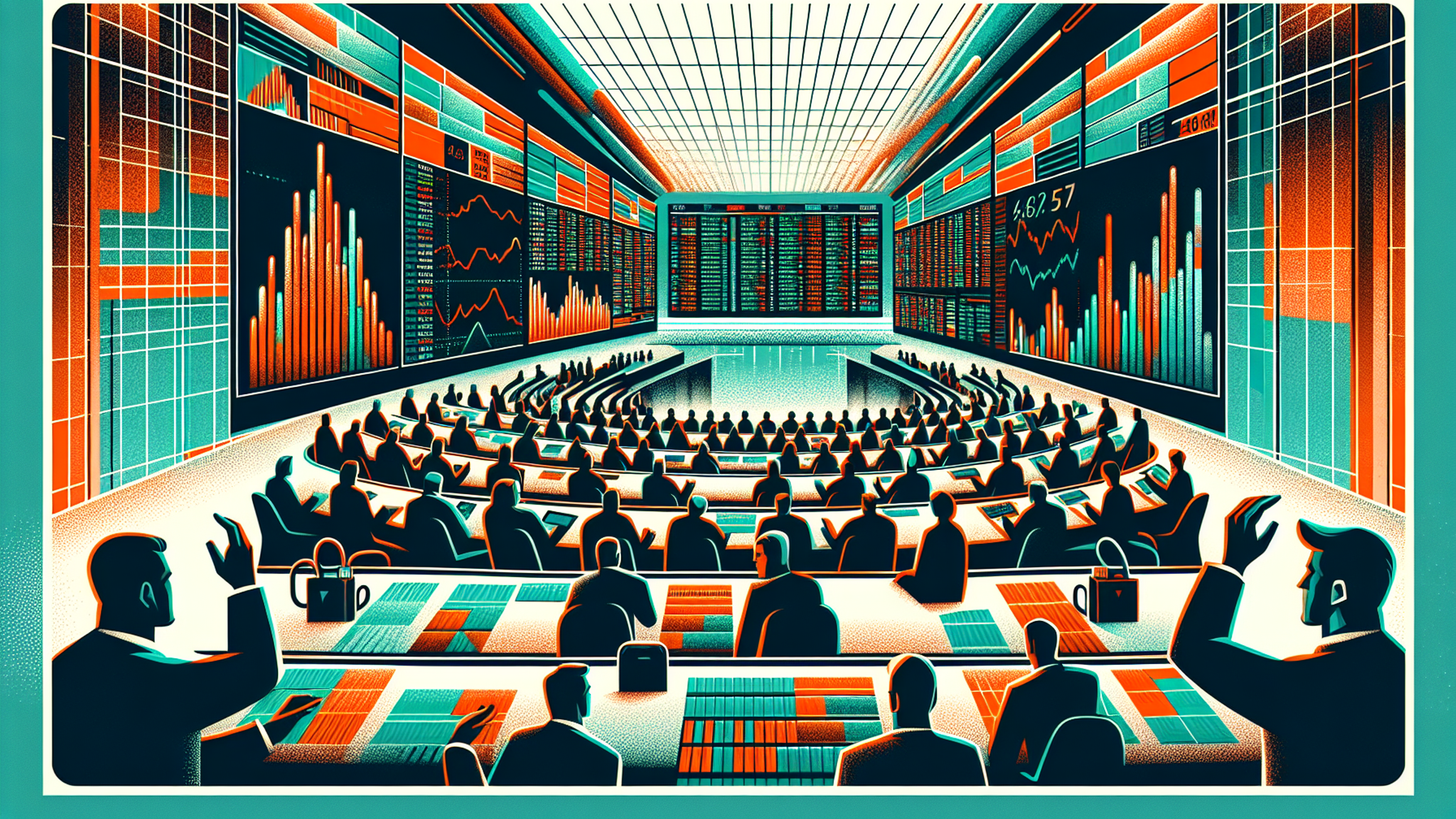A futuristic trading room with large screens