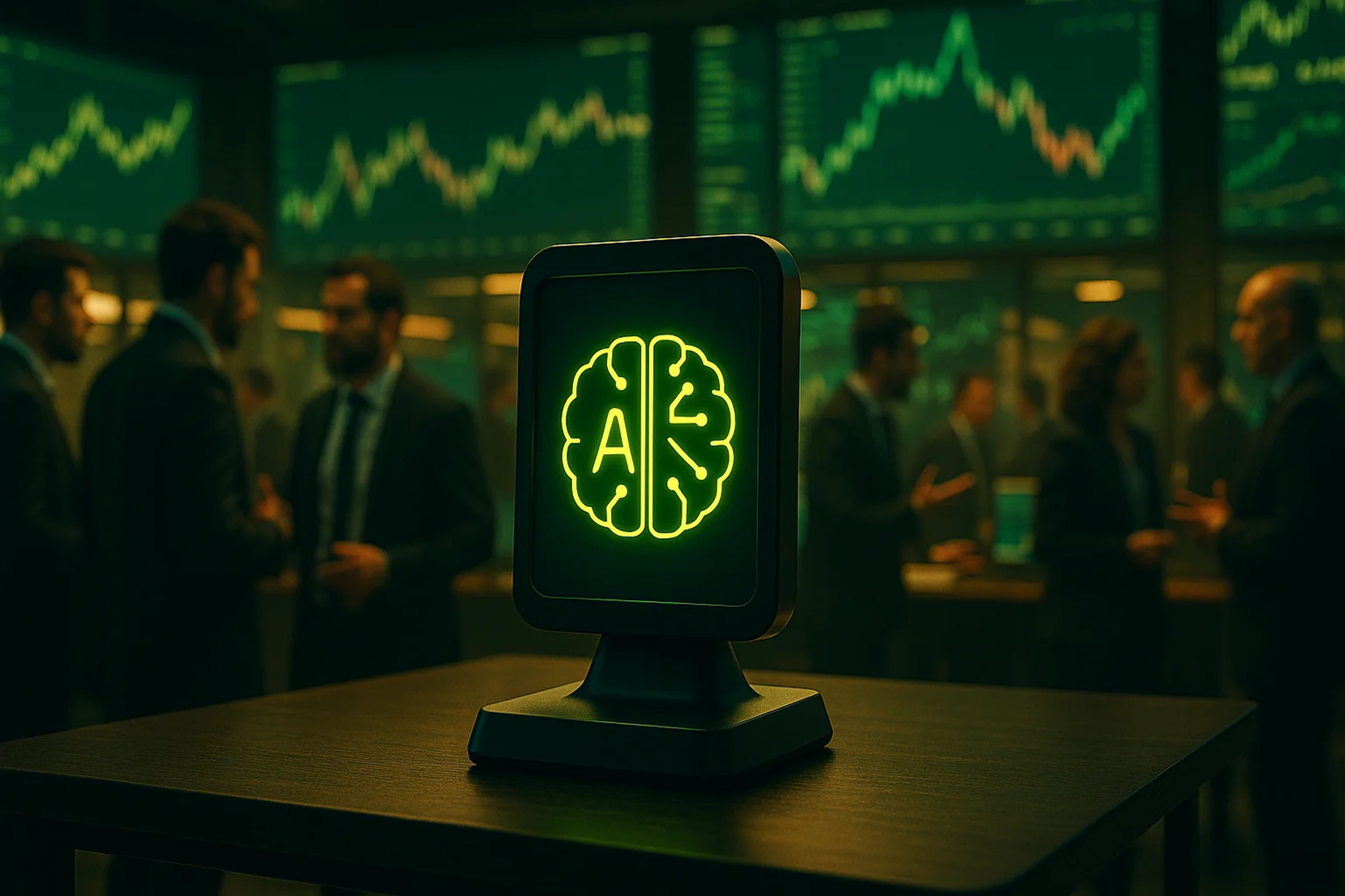 A glowing green sign with a brain and 'A' symbol