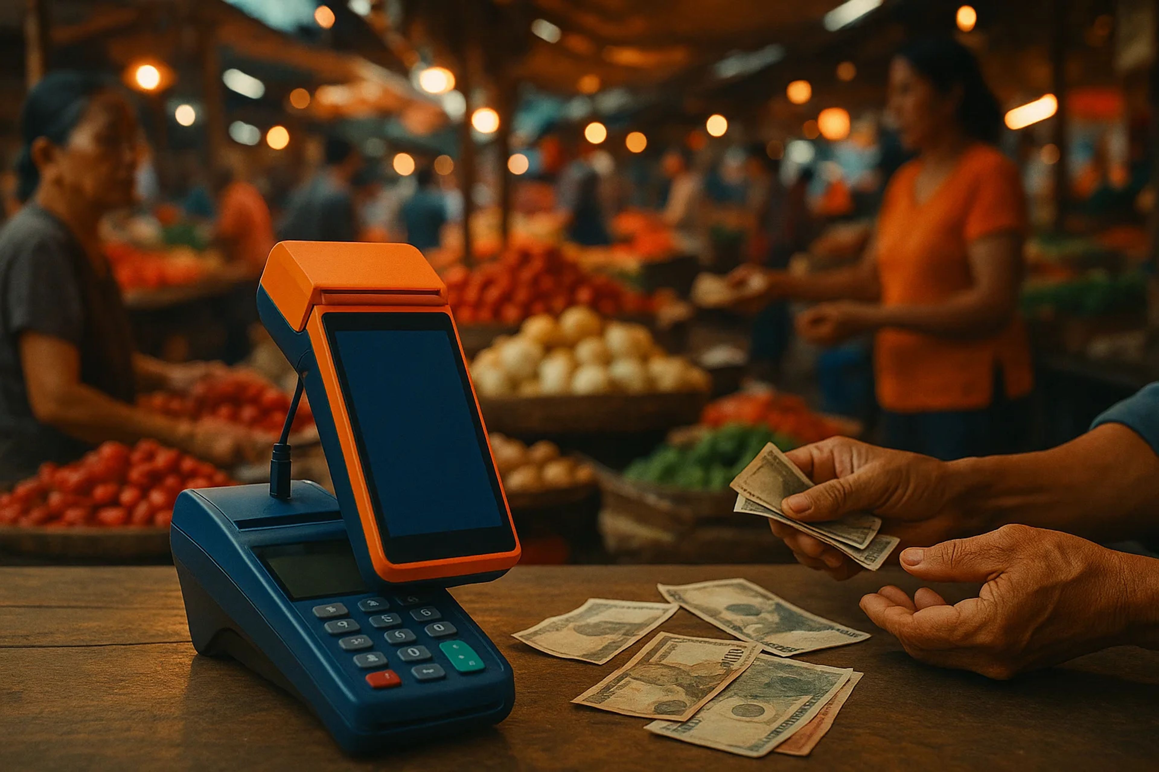 A payment terminal on a wooden table with cash