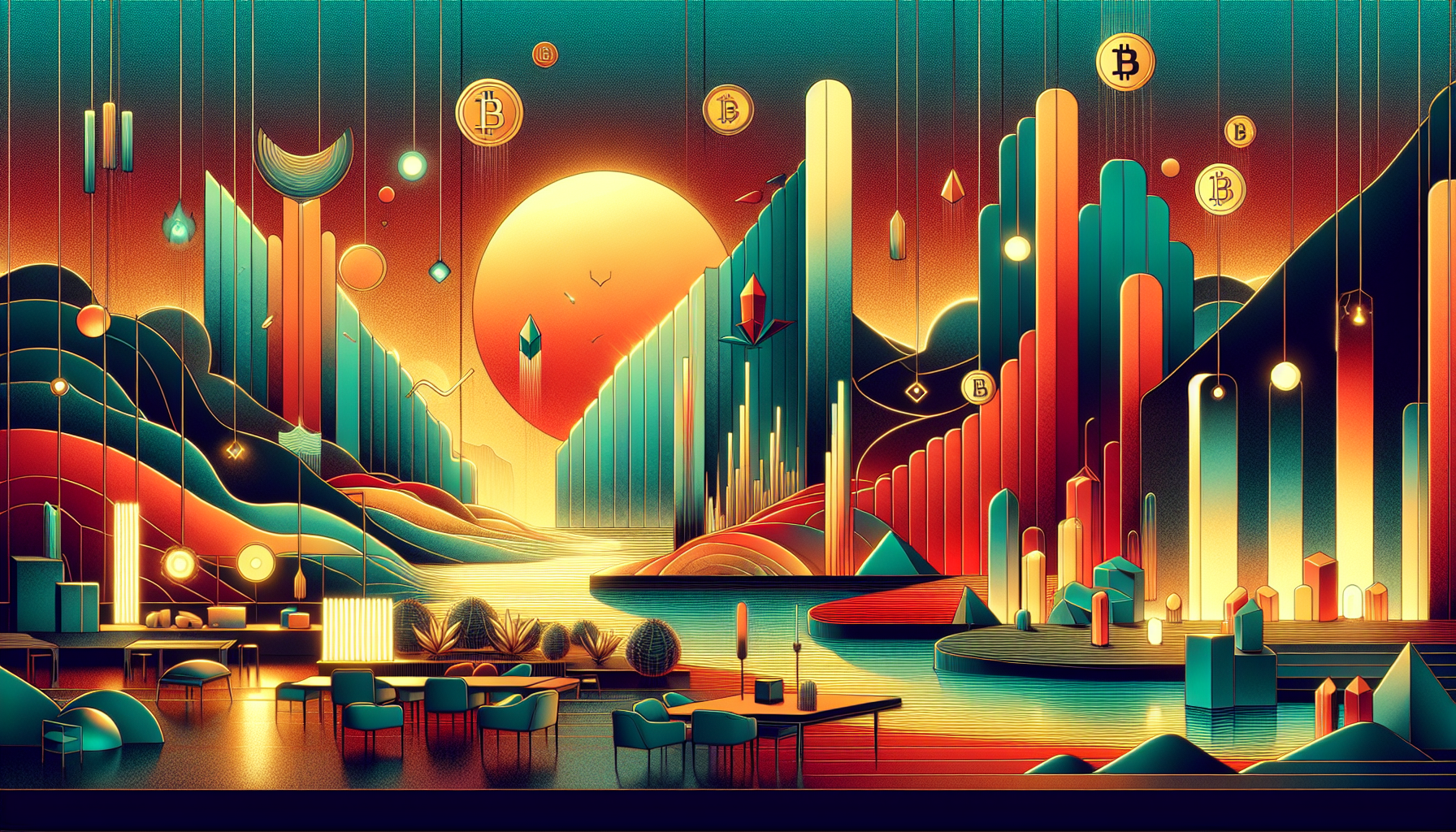 Colorful abstract landscape with mountains and a