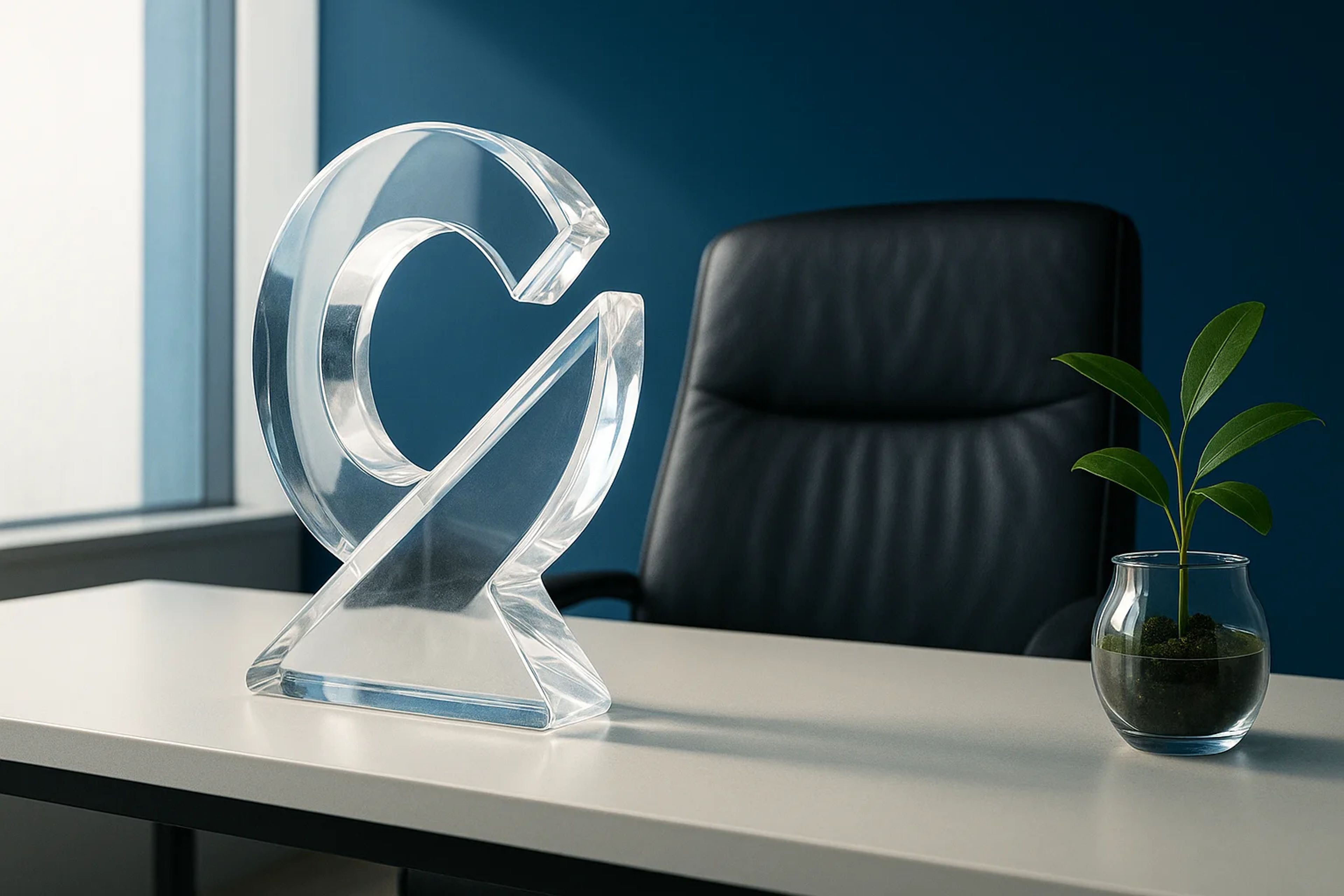 Clear abstract sculpture on a desk with a plant
