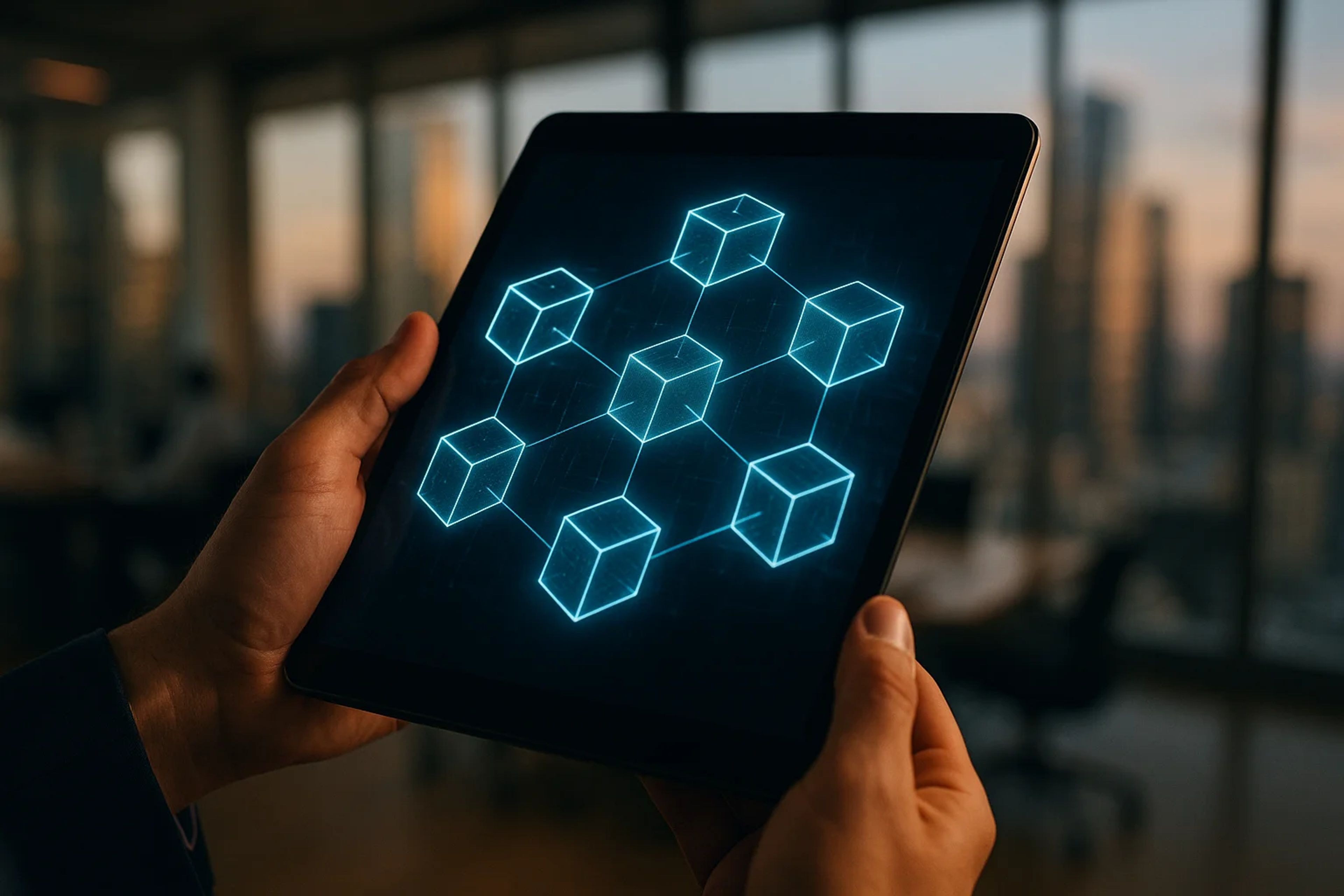 Hands holding a tablet displaying a blue