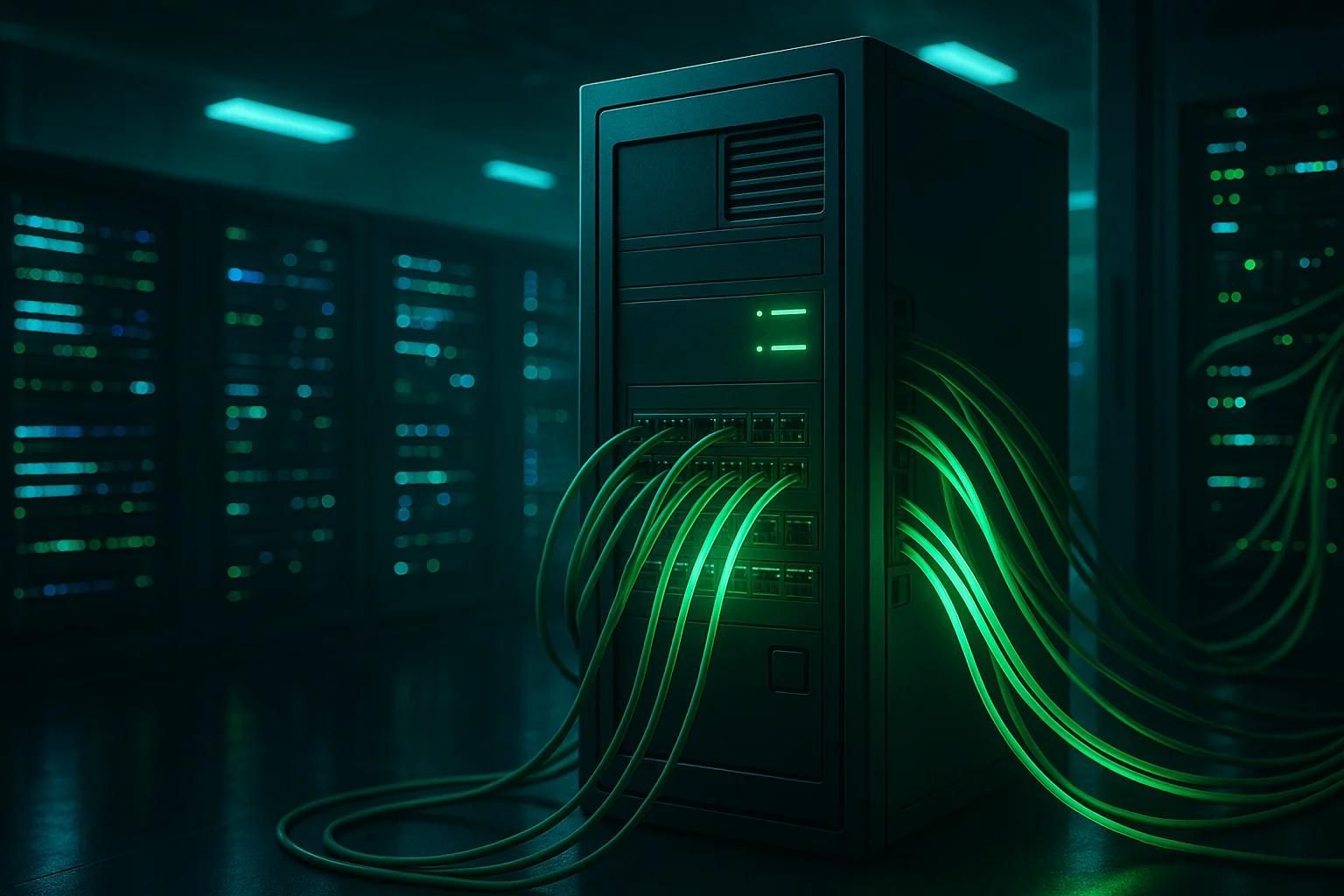 A dark server room with glowing green cables