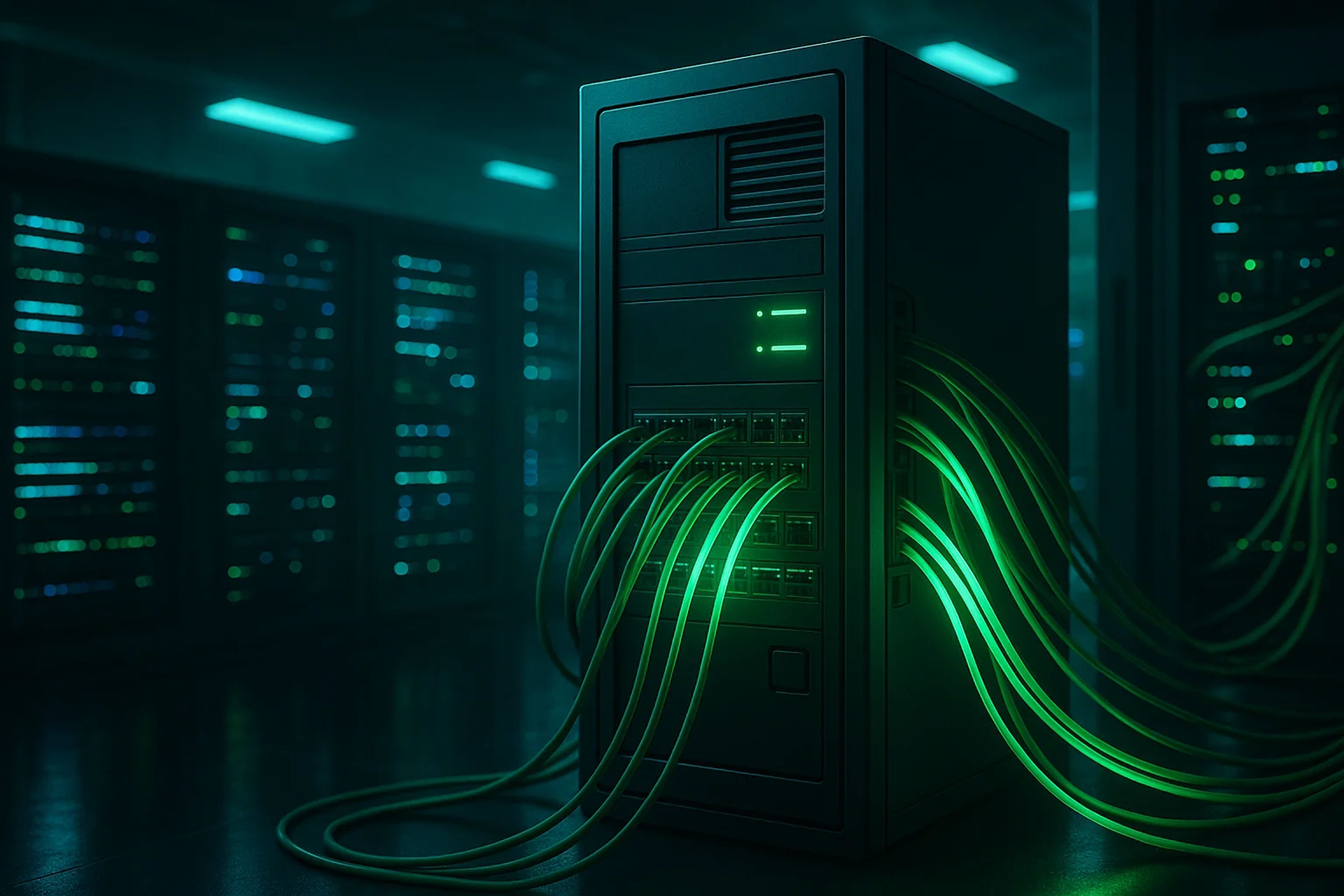 A dark server room with glowing green cables