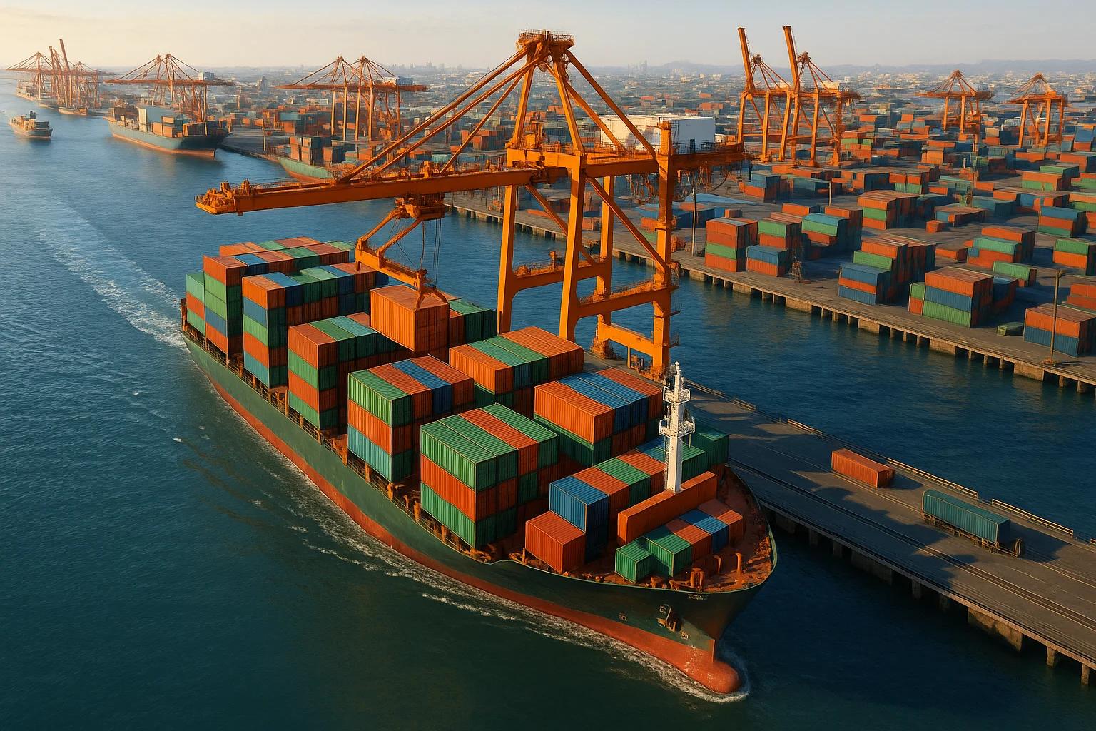 Cargo ship loaded with colorful containers in port