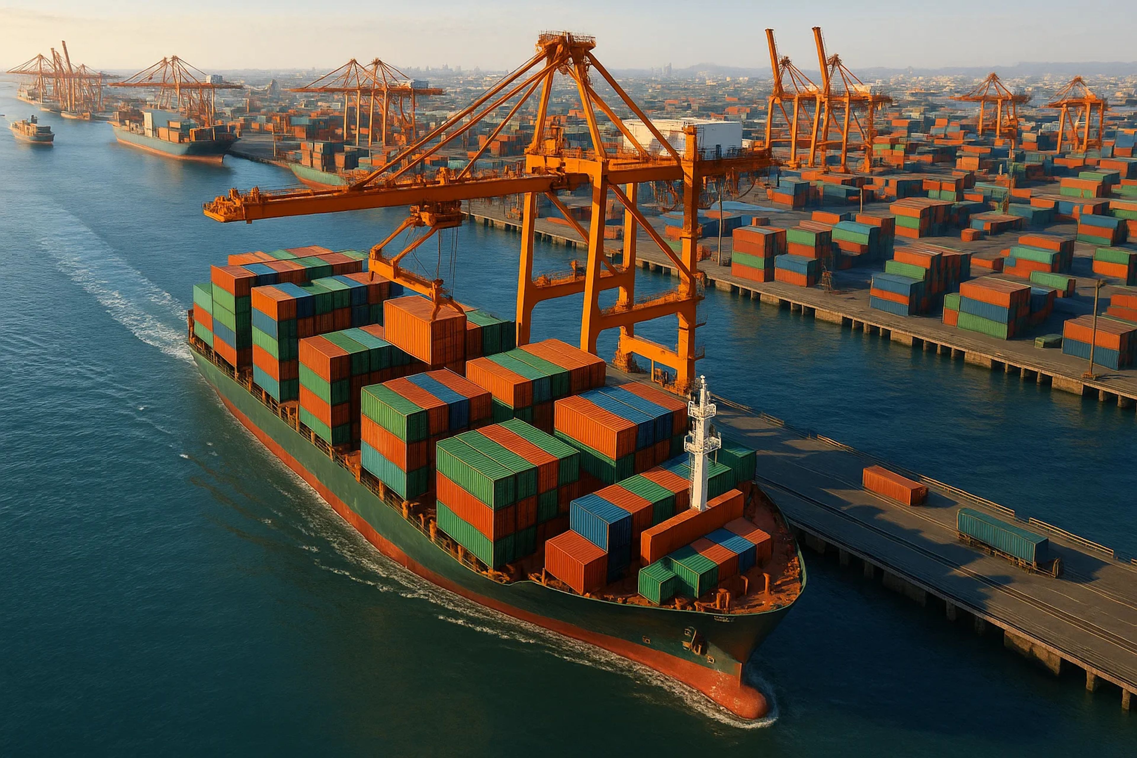 Cargo ship loaded with colorful containers in port