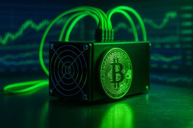 A Bitcoin mining device with green cables and a
