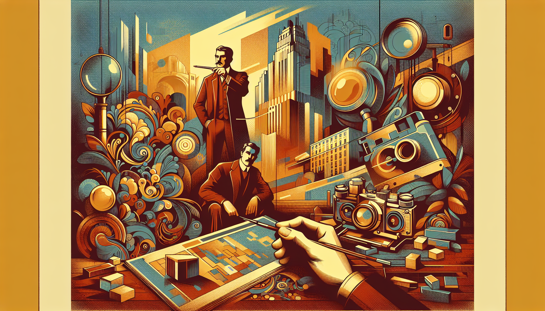 Stylized illustration featuring two men in suits