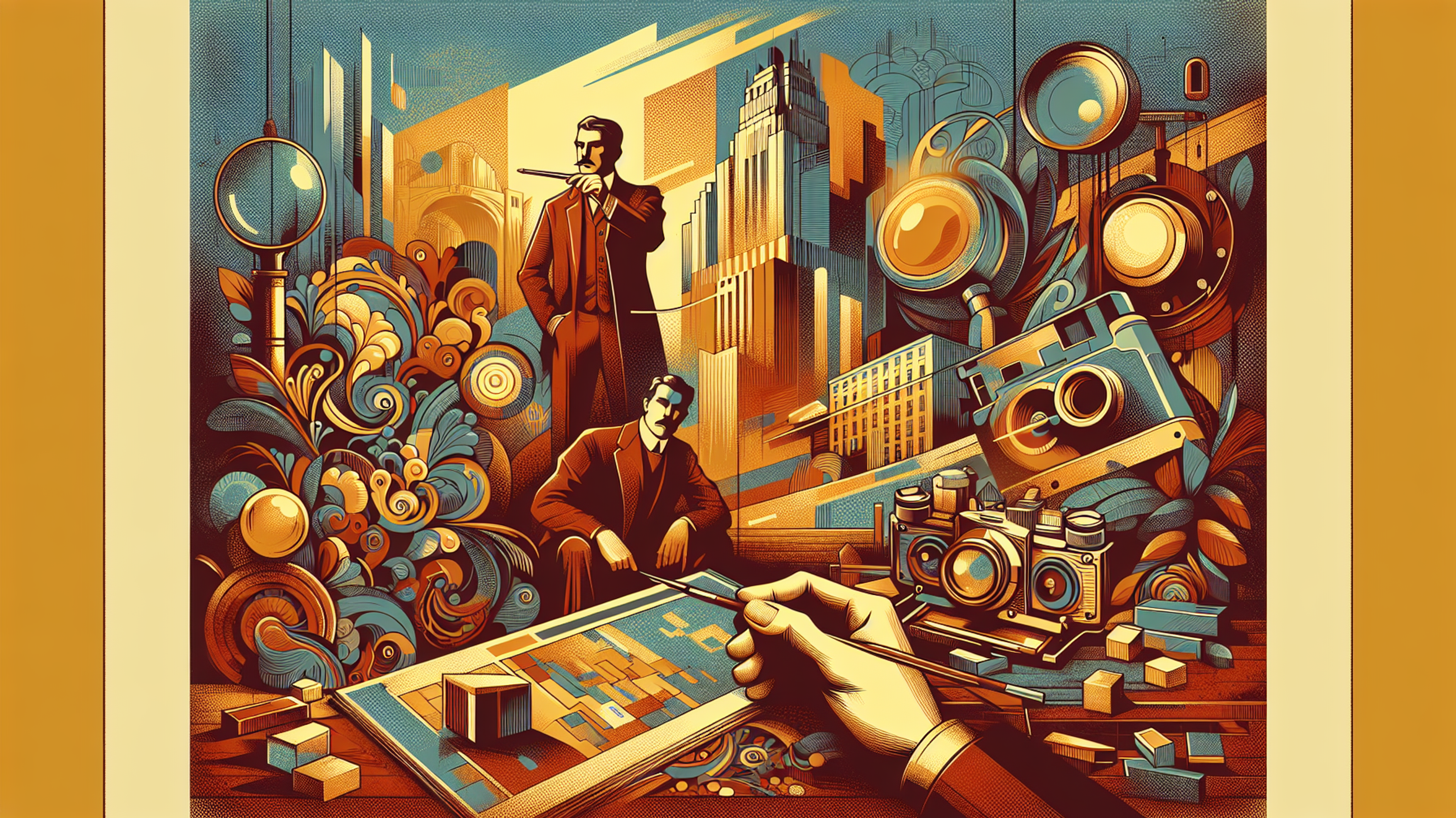 Stylized illustration featuring two men in suits