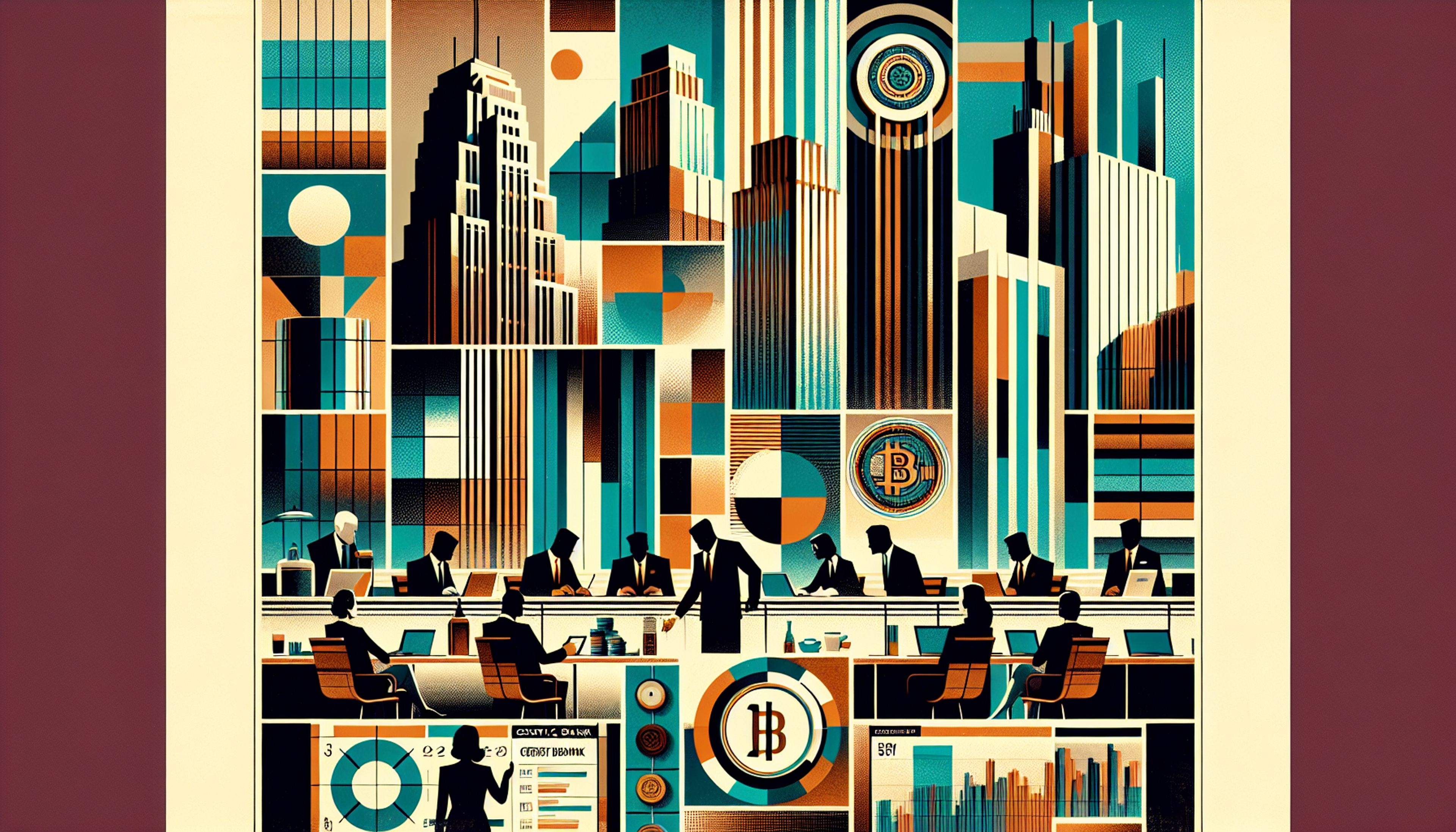 Geometric cityscape with stylized buildings and