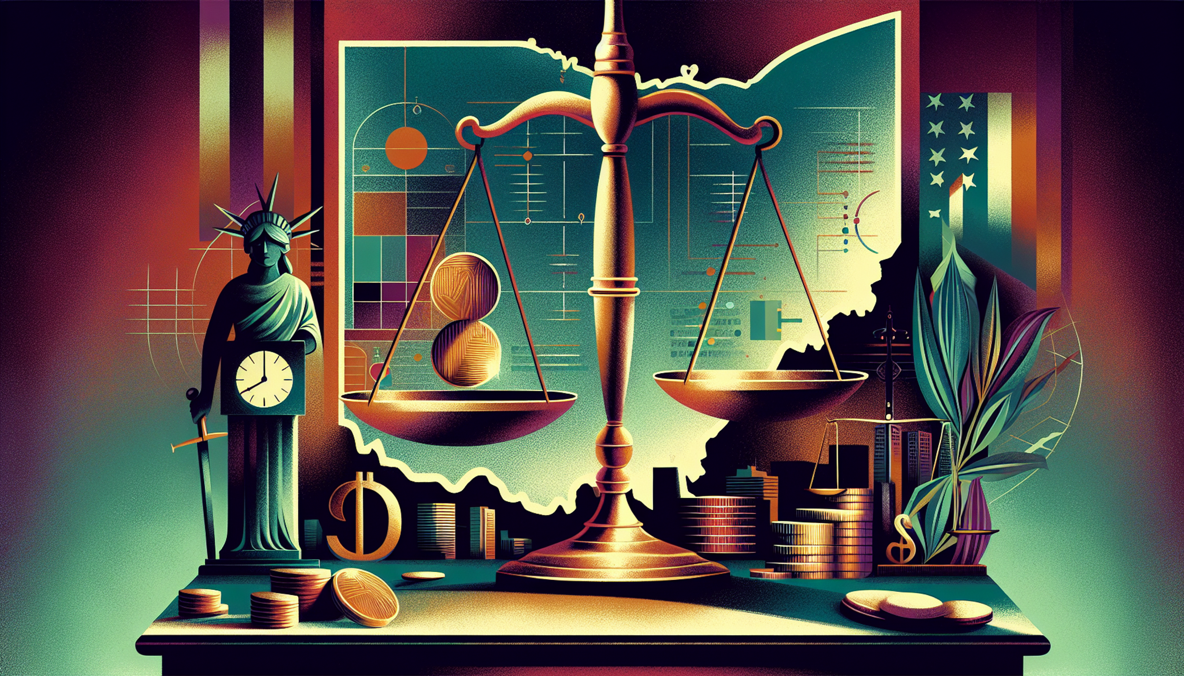 A stylized depiction of scales of justice with