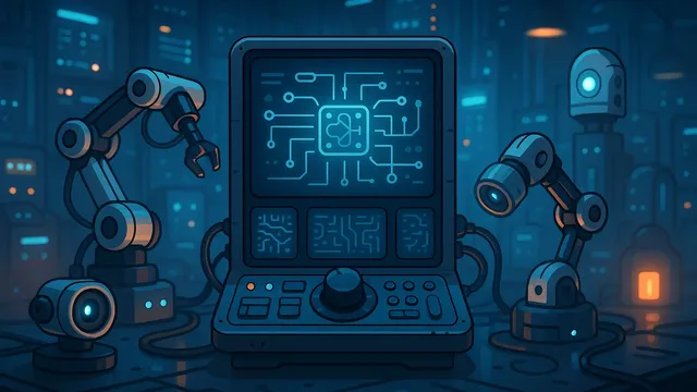 A control panel with robotic arms and screens