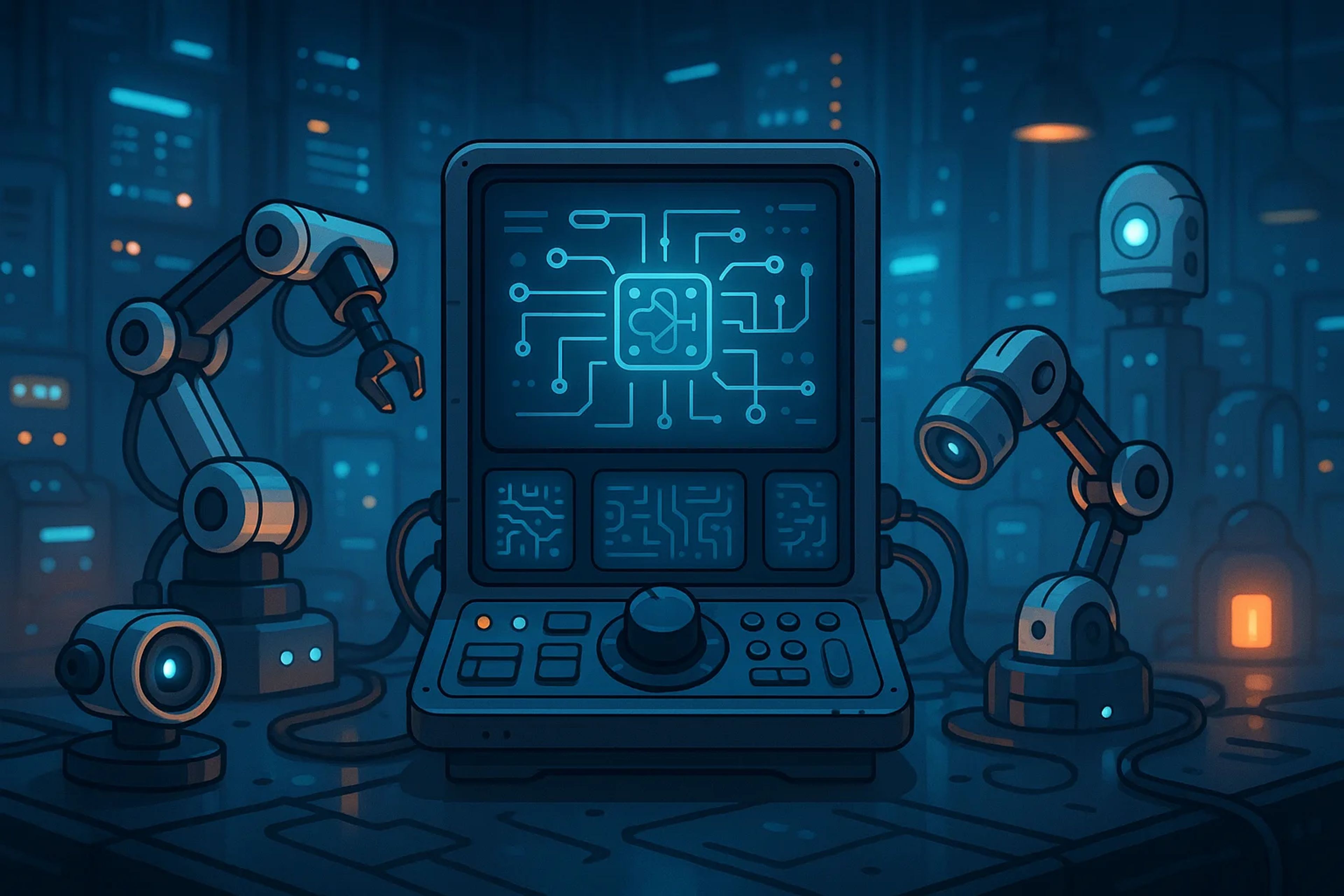 A control panel with robotic arms and screens