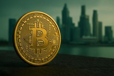 A gold Bitcoin in the foreground with a blurred