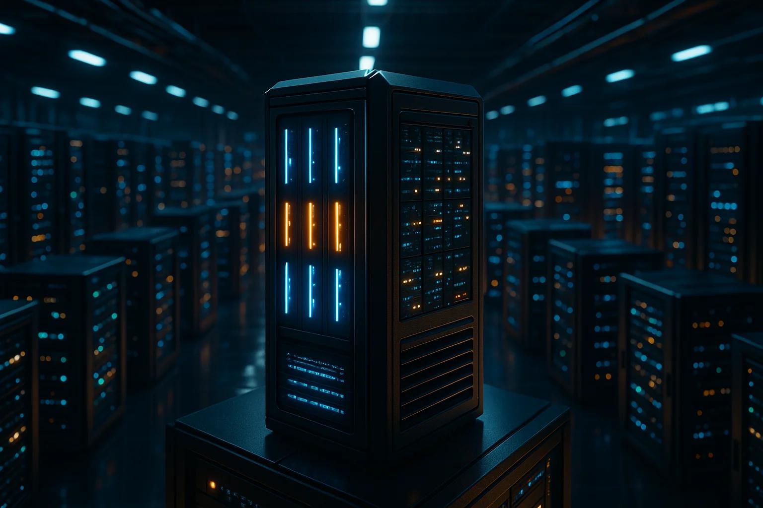 A central server tower illuminated by blue and