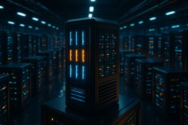 A central server tower illuminated by blue and