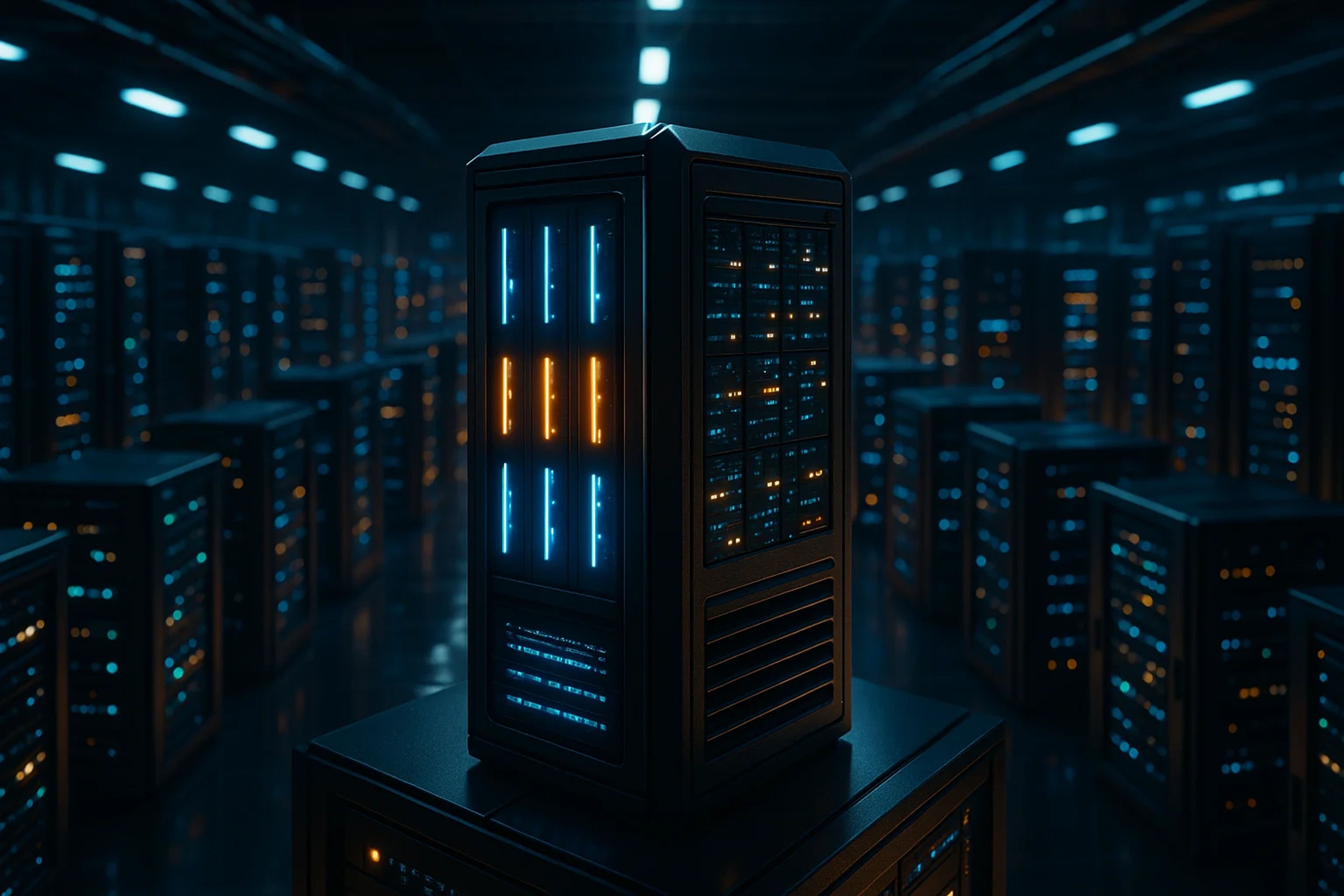 A central server tower illuminated by blue and