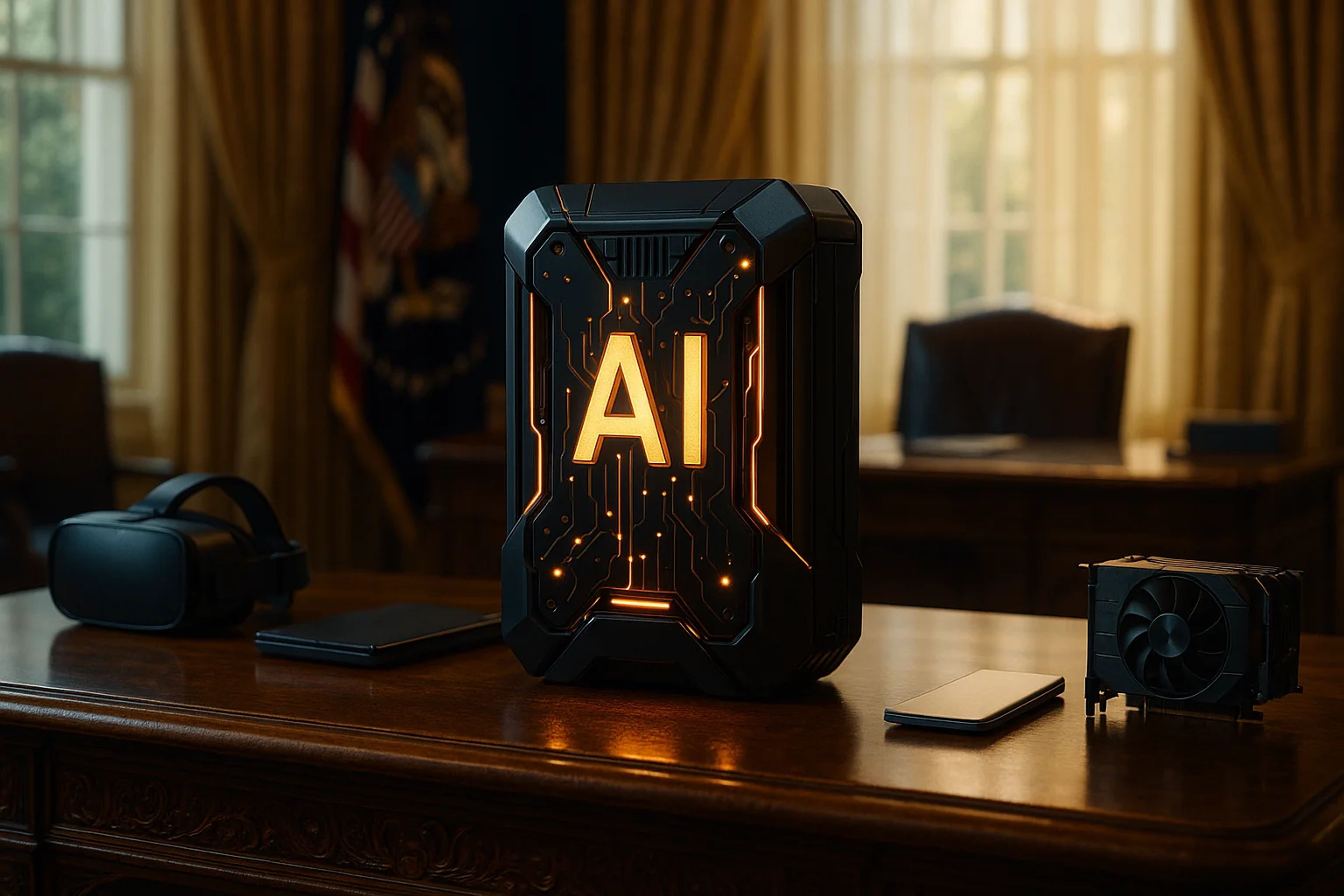 A futuristic computer tower with glowing 'AI'