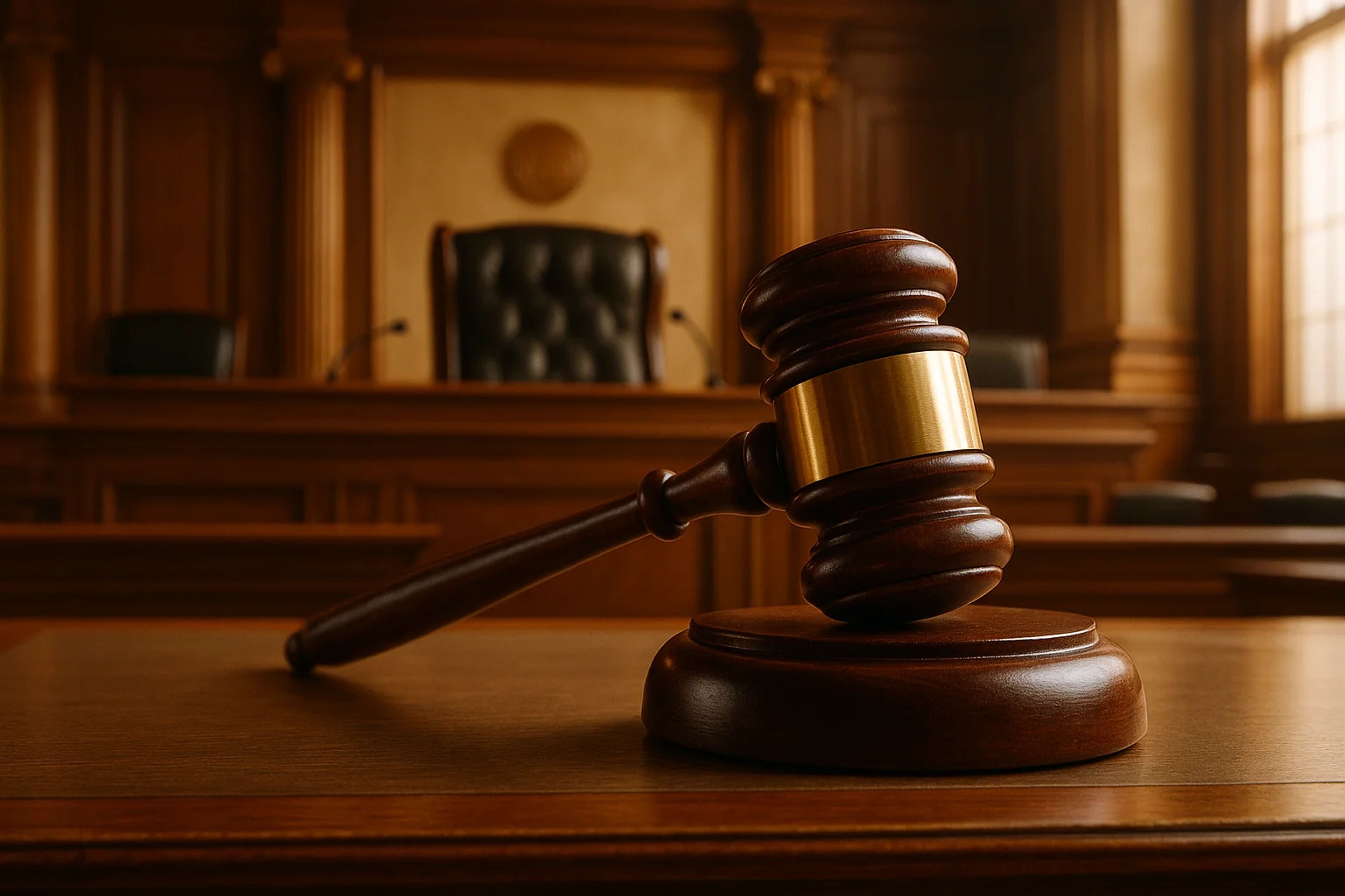 Wooden gavel on a judge's bench in a courtroom