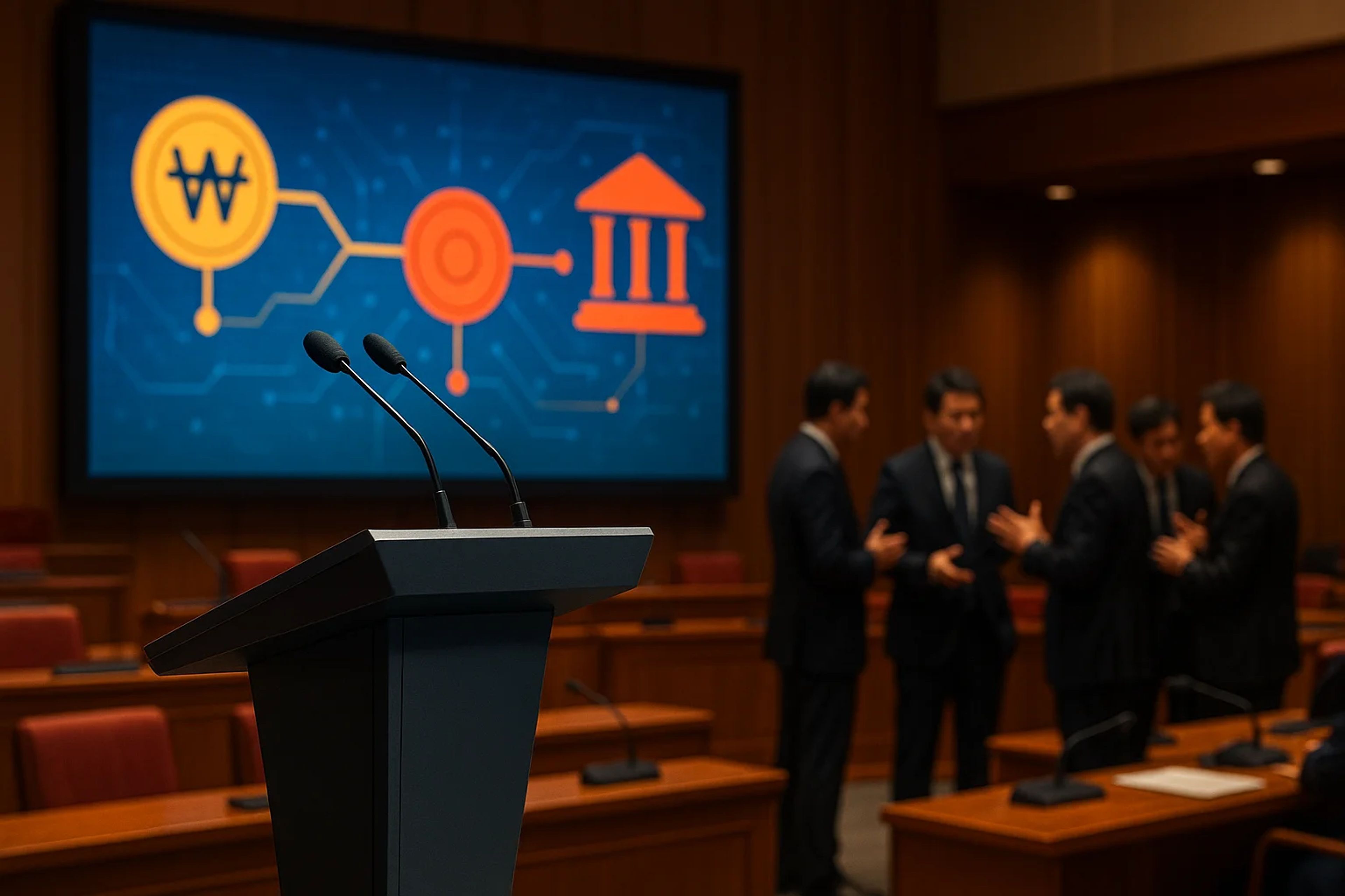 A podium in a conference room with a digital