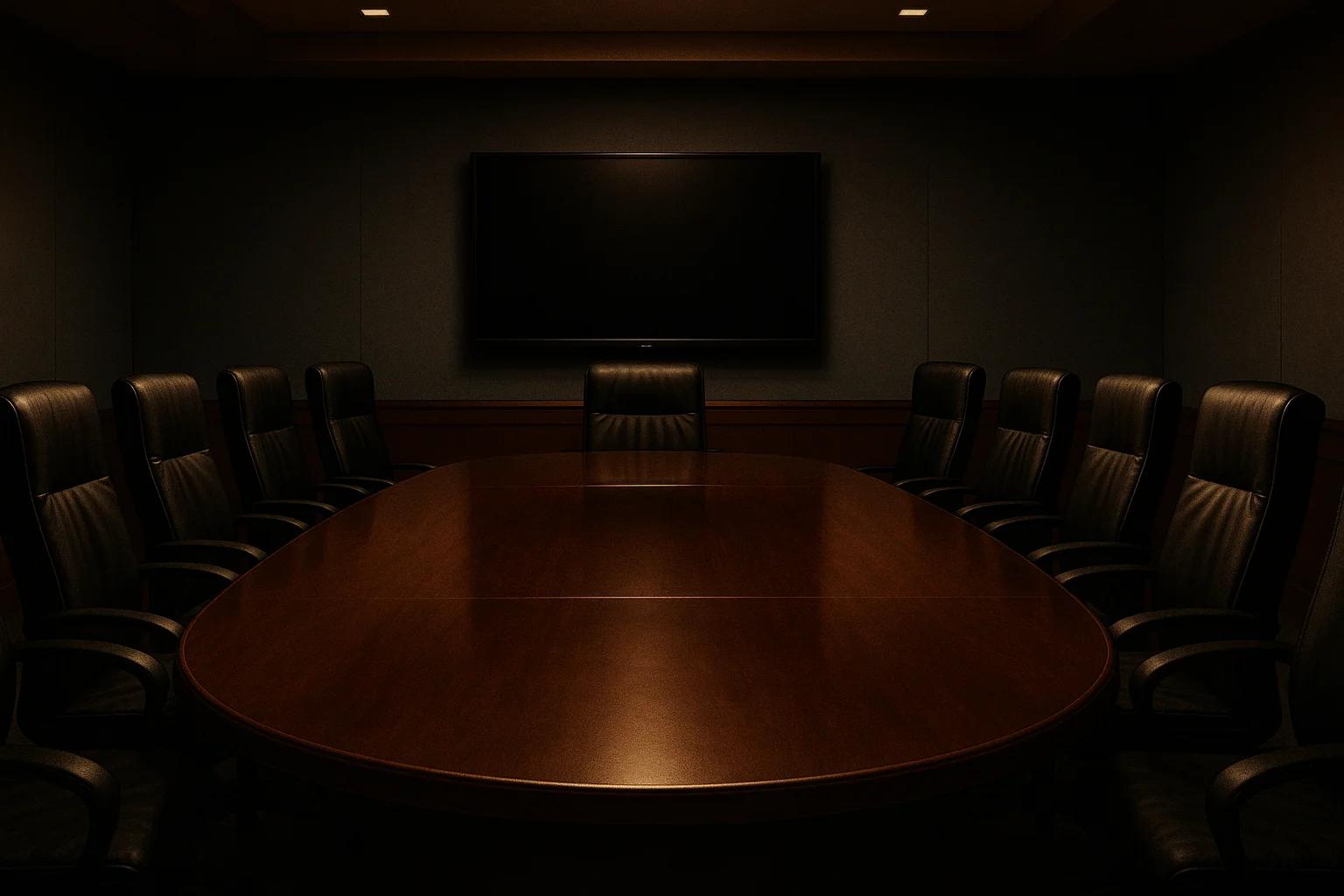 Dimly lit conference room with a large table