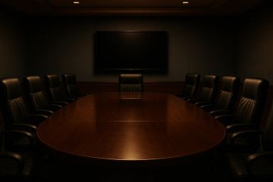 Dimly lit conference room with a large table