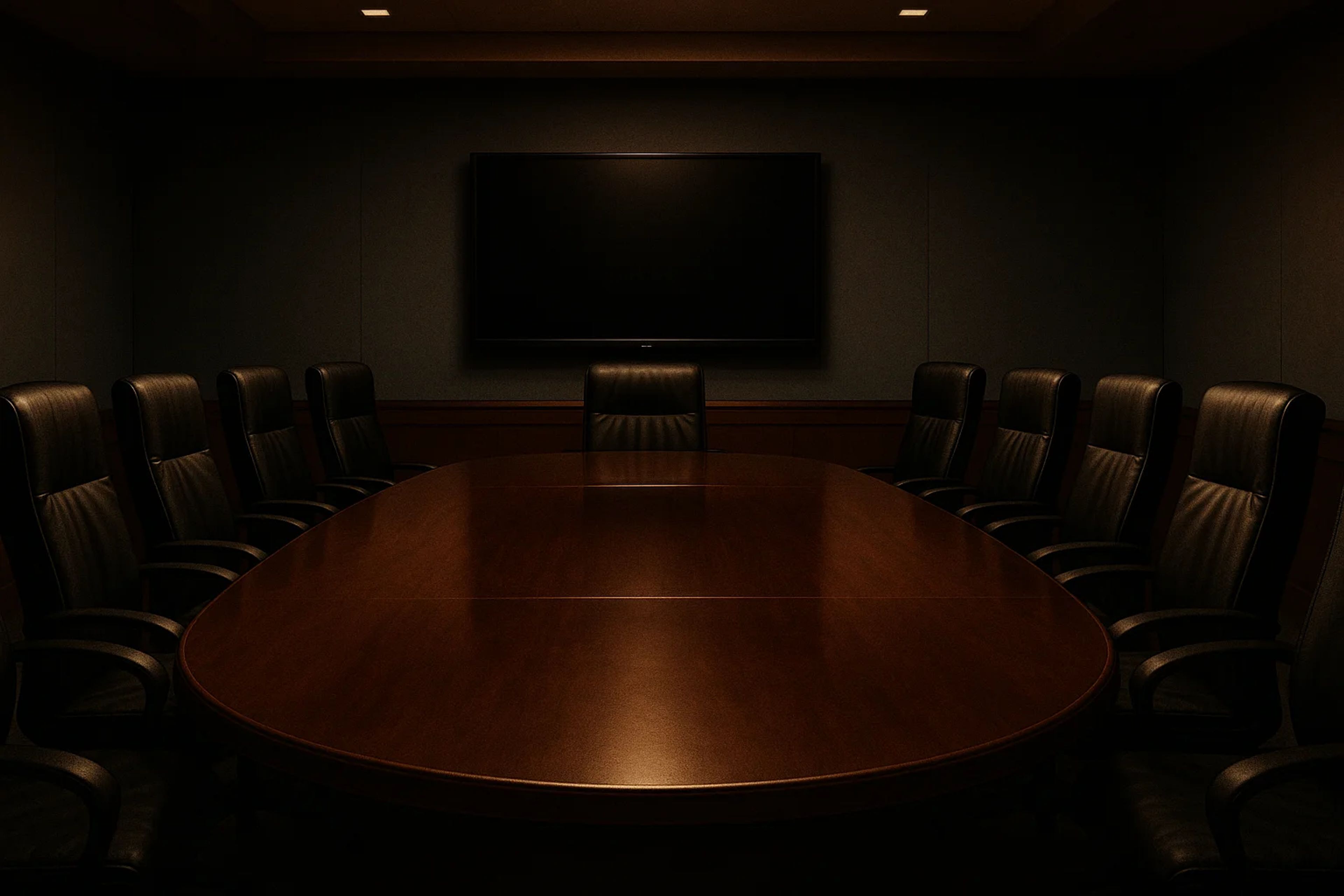 Dimly lit conference room with a large table