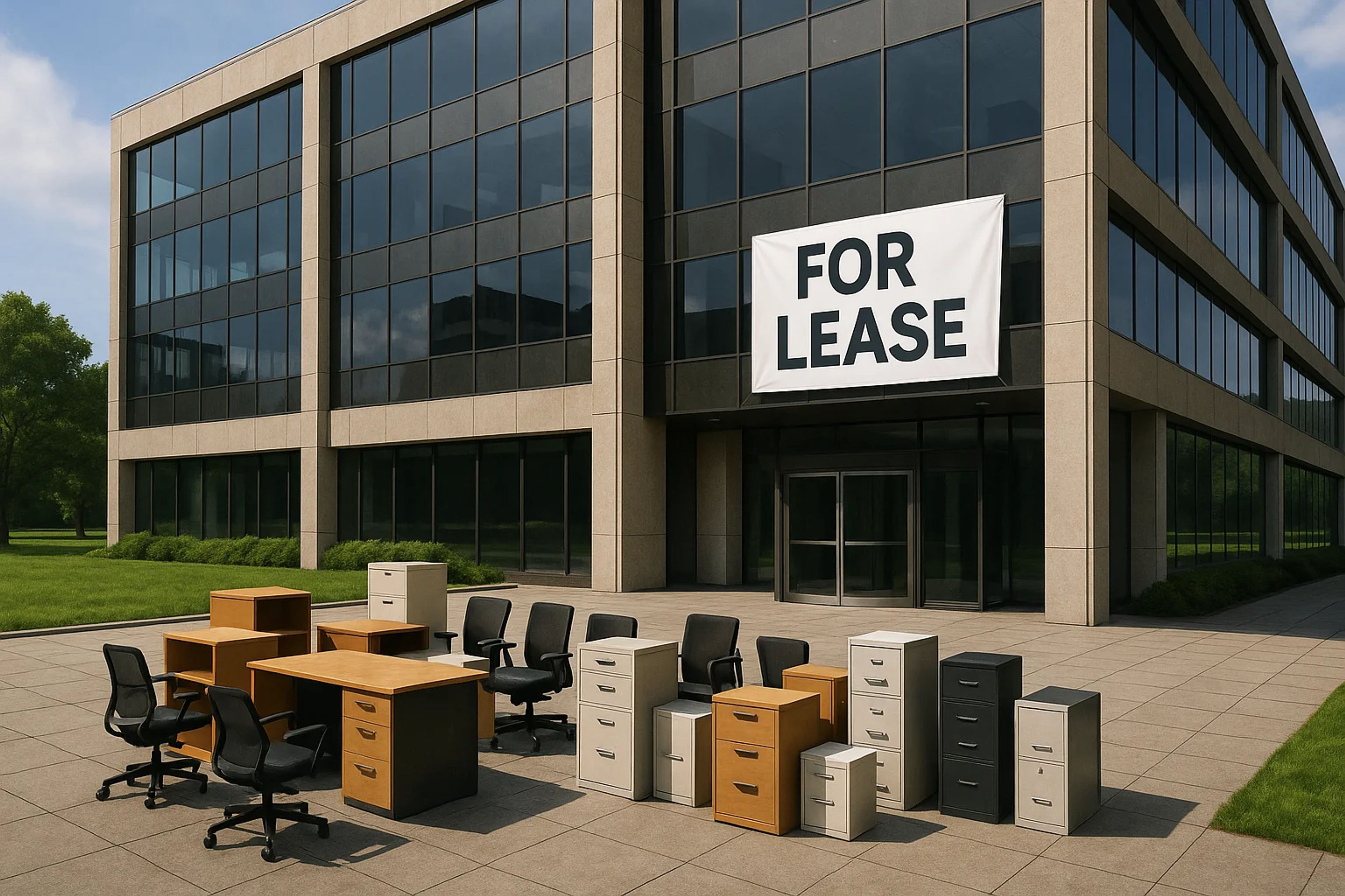 Office building exterior with furniture outside