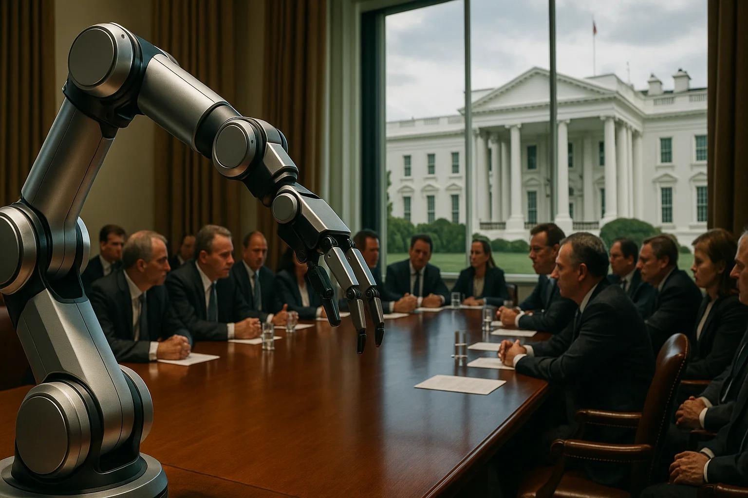 A robotic arm reaches over a conference table