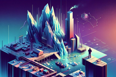Futuristic landscape with icy mountains and a city