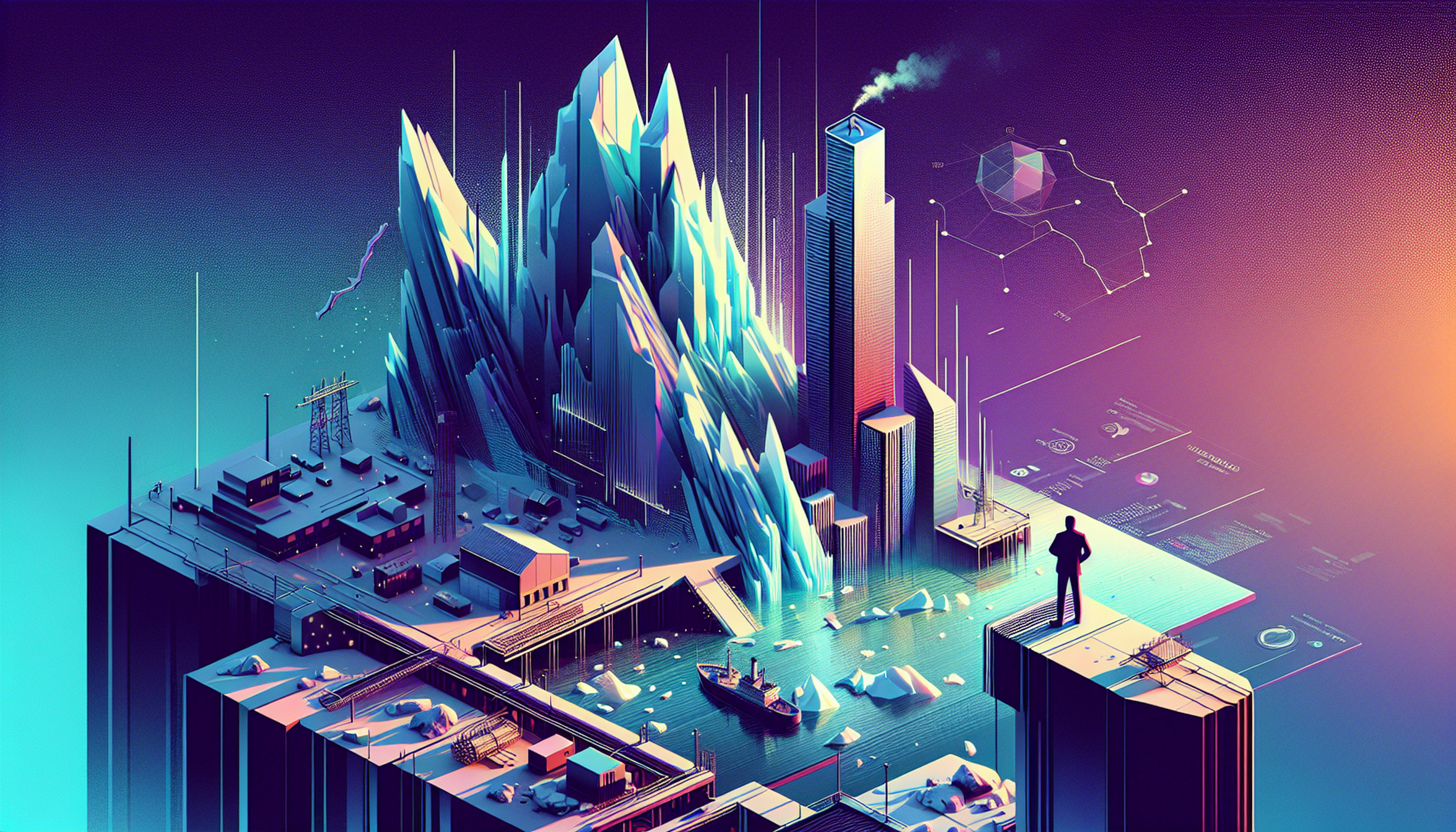 Futuristic landscape with icy mountains and a city