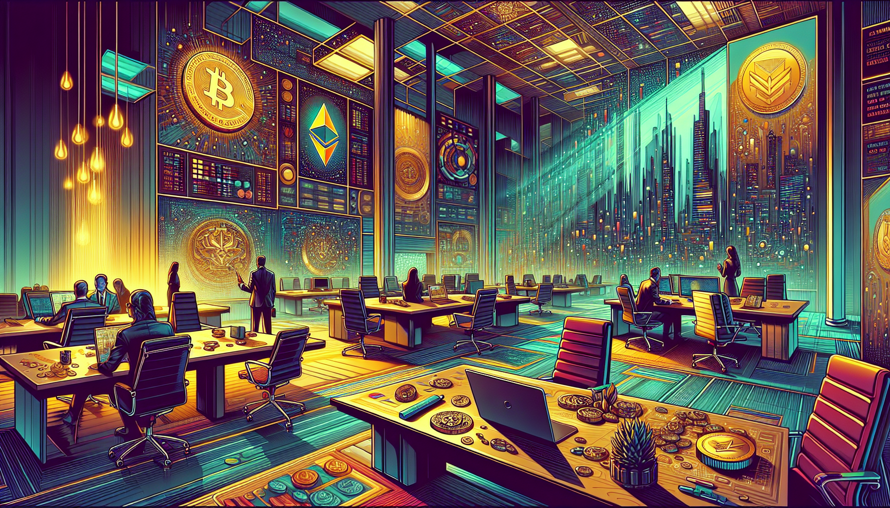 Futuristic office with cryptocurrency symbols and